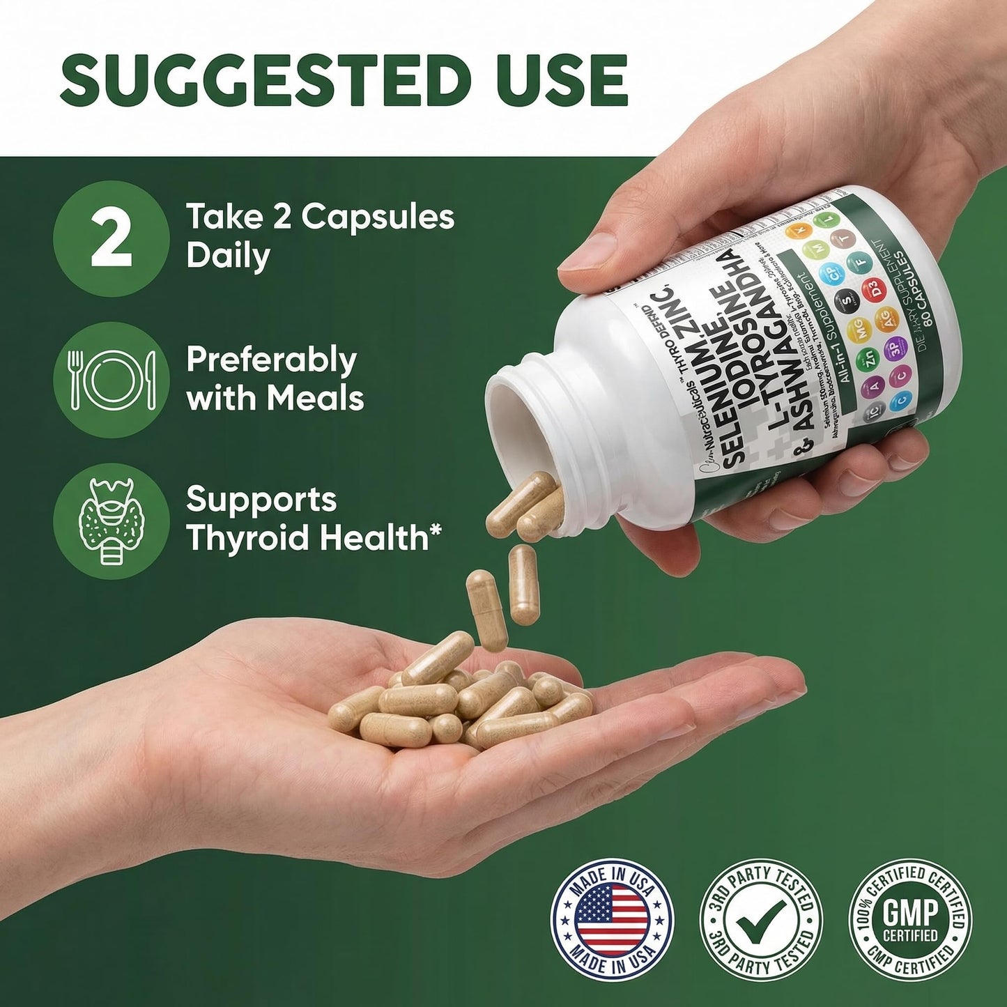 Clean Nutraceuticals Selenium 300mcg Iodine 500mcg Thyroid Support Capsules, 60 Count