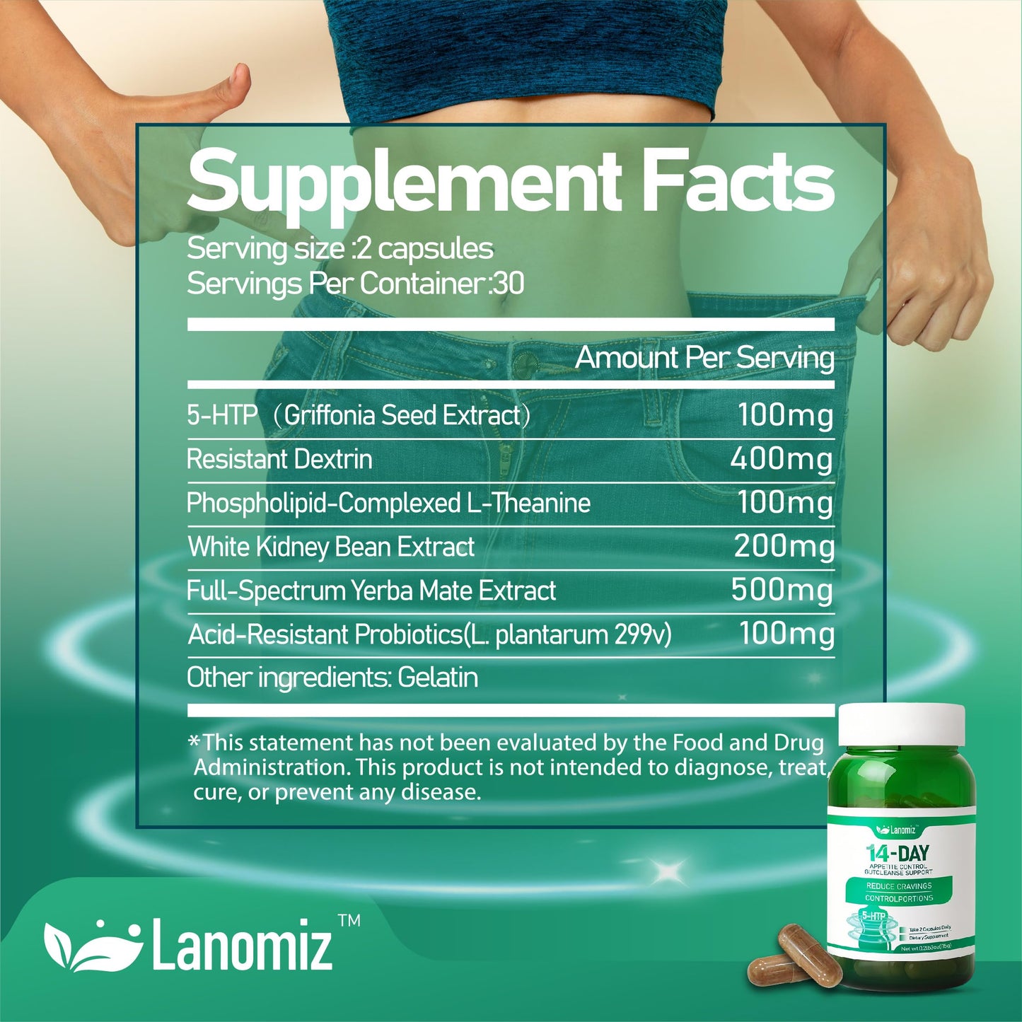 Lanomiz 14DAY Appetit & Craving Control Gut Health Complex Featuring Delayed-Release Probiotics & White Kidney Bean Extract 5-HTP 60 Capsules