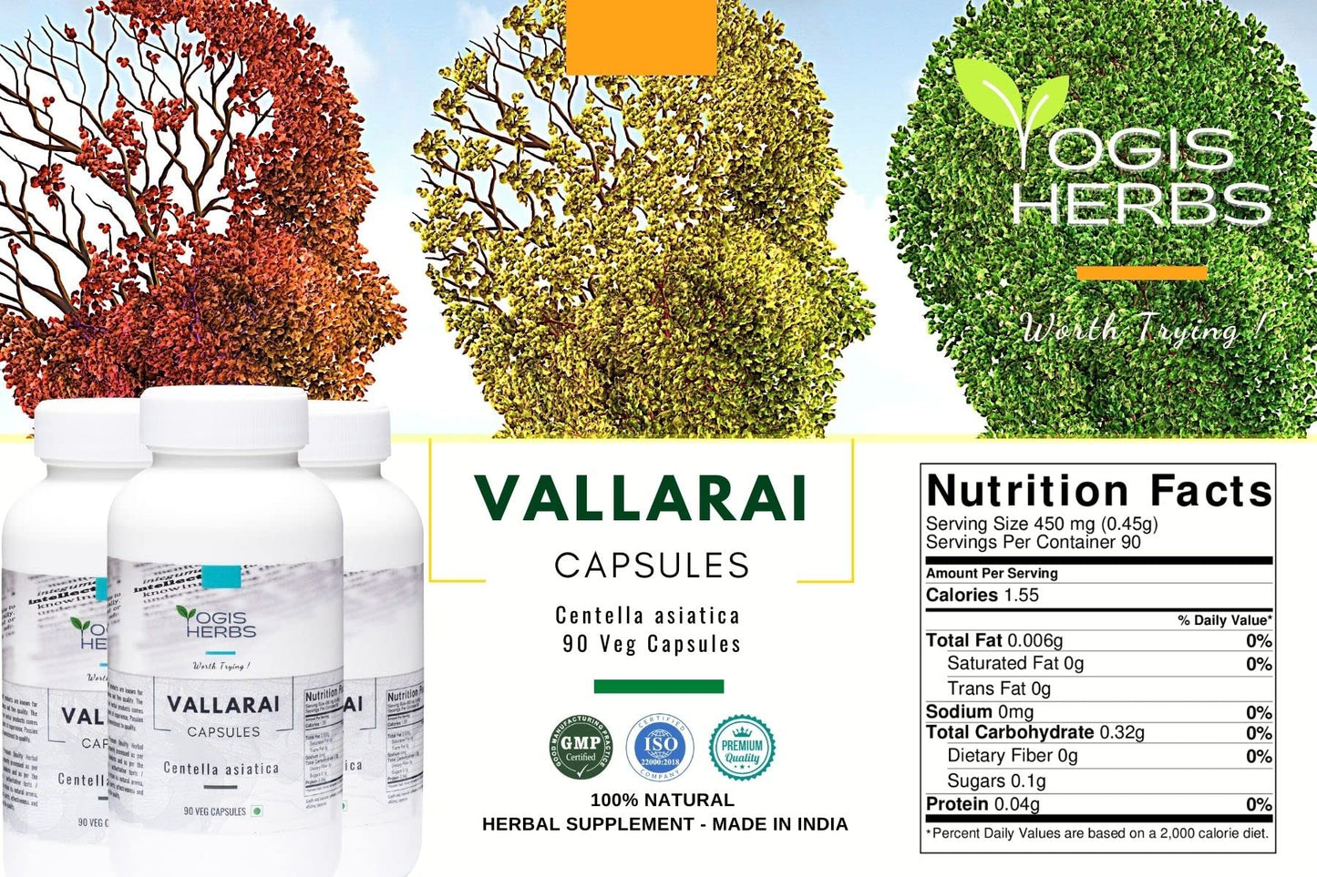YOGIS HERBS Vallarai Capsules (Centella Asiatica/Gotu Kola) 90 Count