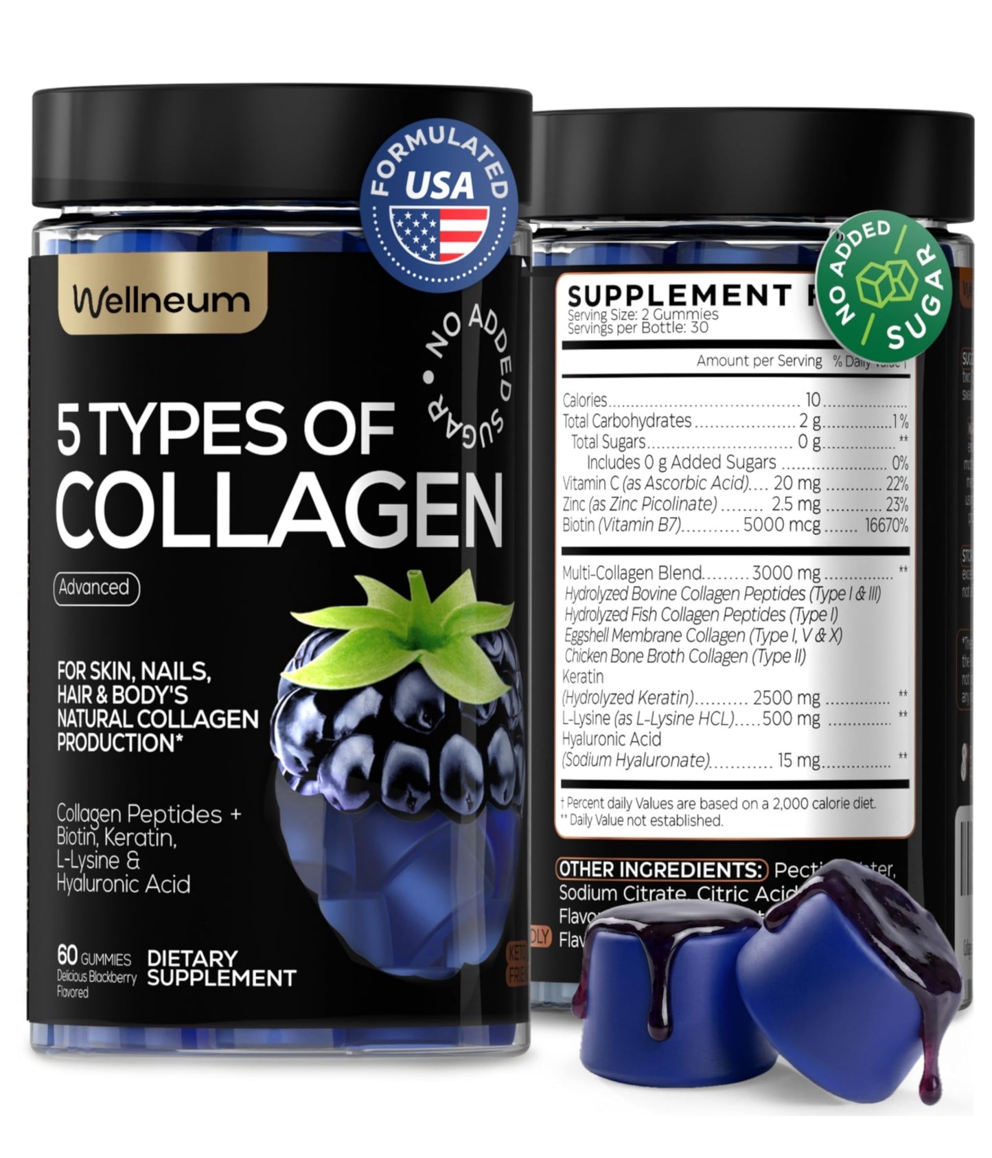 Wellneum Collagen Peptides Gummies Sugar Free 3000mg Multi-Collagen Blend for Hair, Skin & Nails Support + 2500mg Keratin + 5000mcg Biotin, Hyaluronic Acid, Vitamin C & Zinc, 60 Gummies