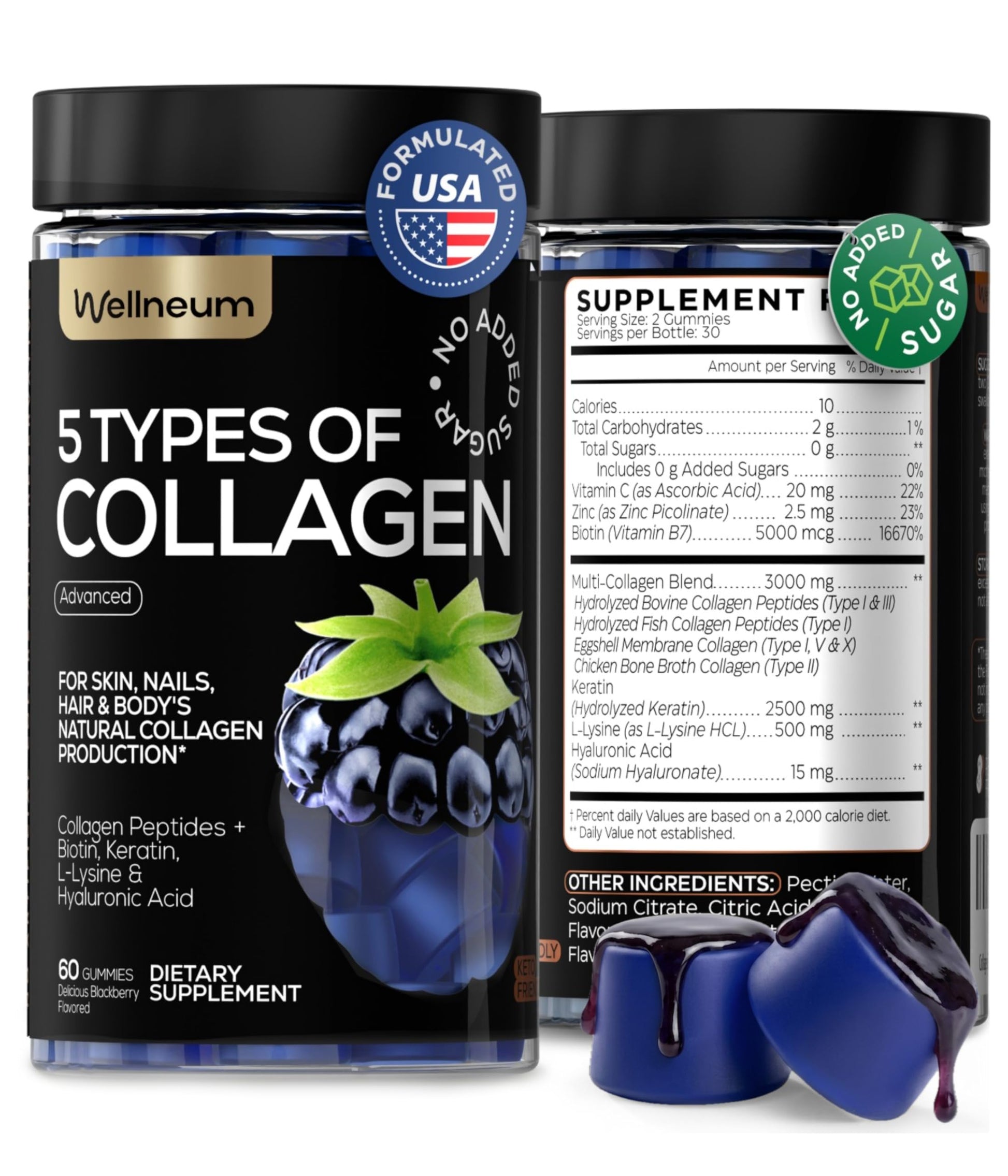 Wellneum Collagen Peptides Gummies Sugar Free 3000mg Multi-Collagen Blend for Hair, Skin & Nails Support + 2500mg Keratin + 5000mcg Biotin, Hyaluronic Acid, Vitamin C & Zinc, 60 Gummies
