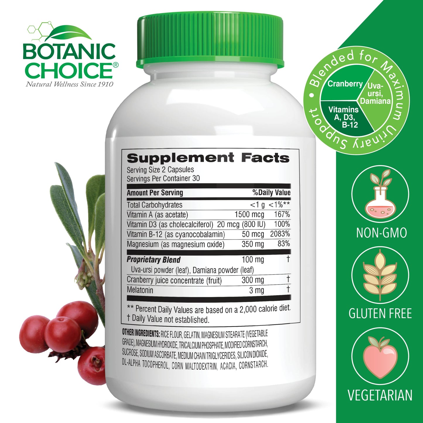 Botanic Choice Pro-Advanced Urinary Formula-Blend for Urinary Tract Health Support - Magnesium Cranberry Uva Ursi Damiana, 60 Capsules
