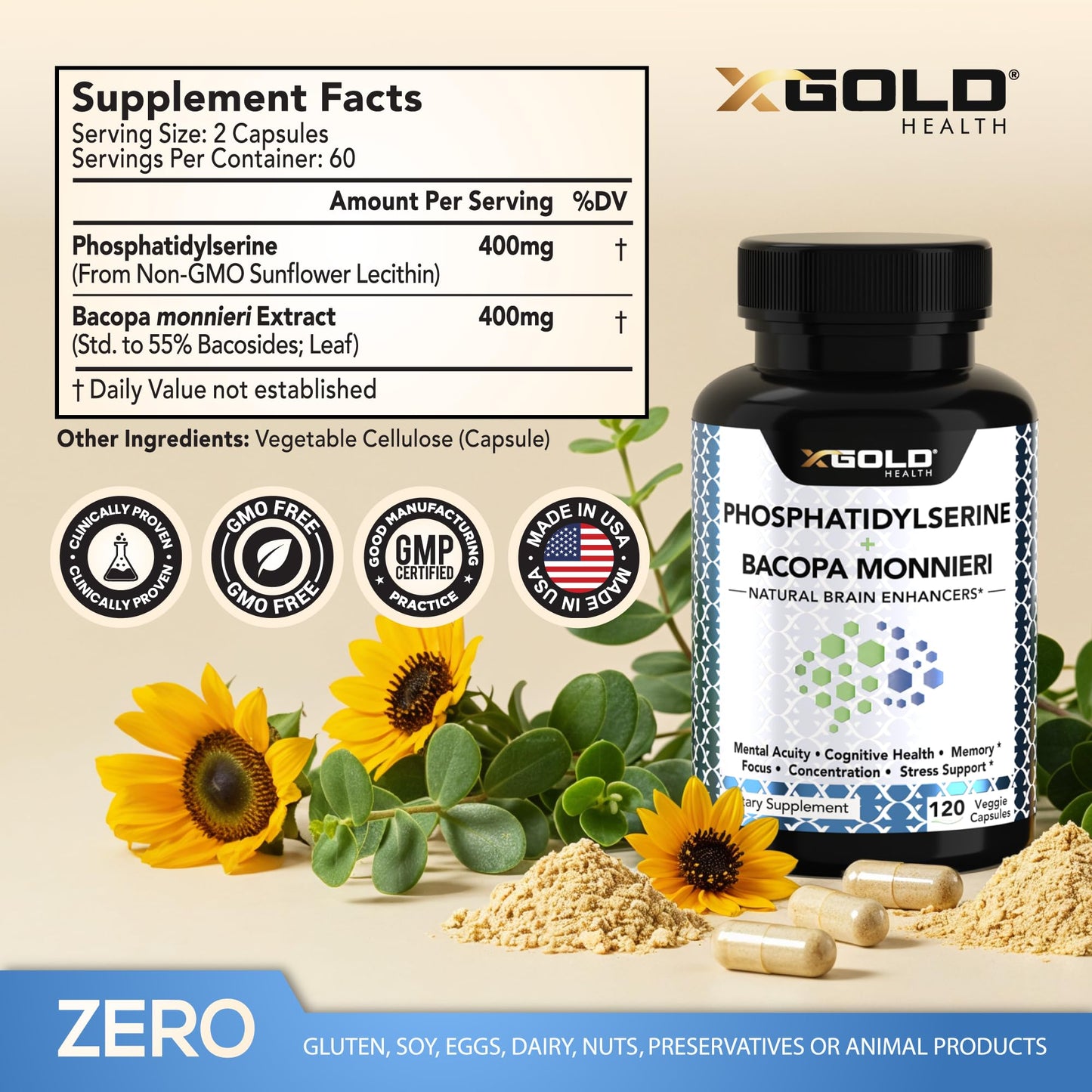X Gold Health PhosphatidylSerine & Bacopa Monnieri 800 mg 2 in 1 Supplement Capsules, 120 Count