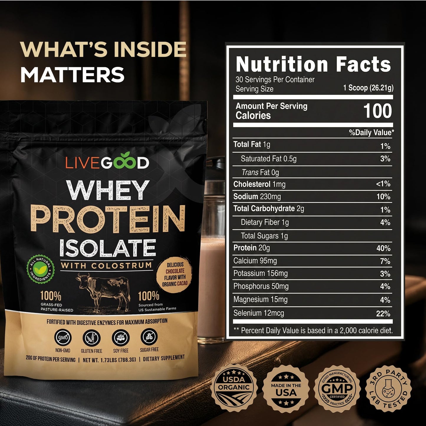 LIVEGOOD Whey Protein Isolate with Colostrum Protein Powder, Chocolate, 27.7