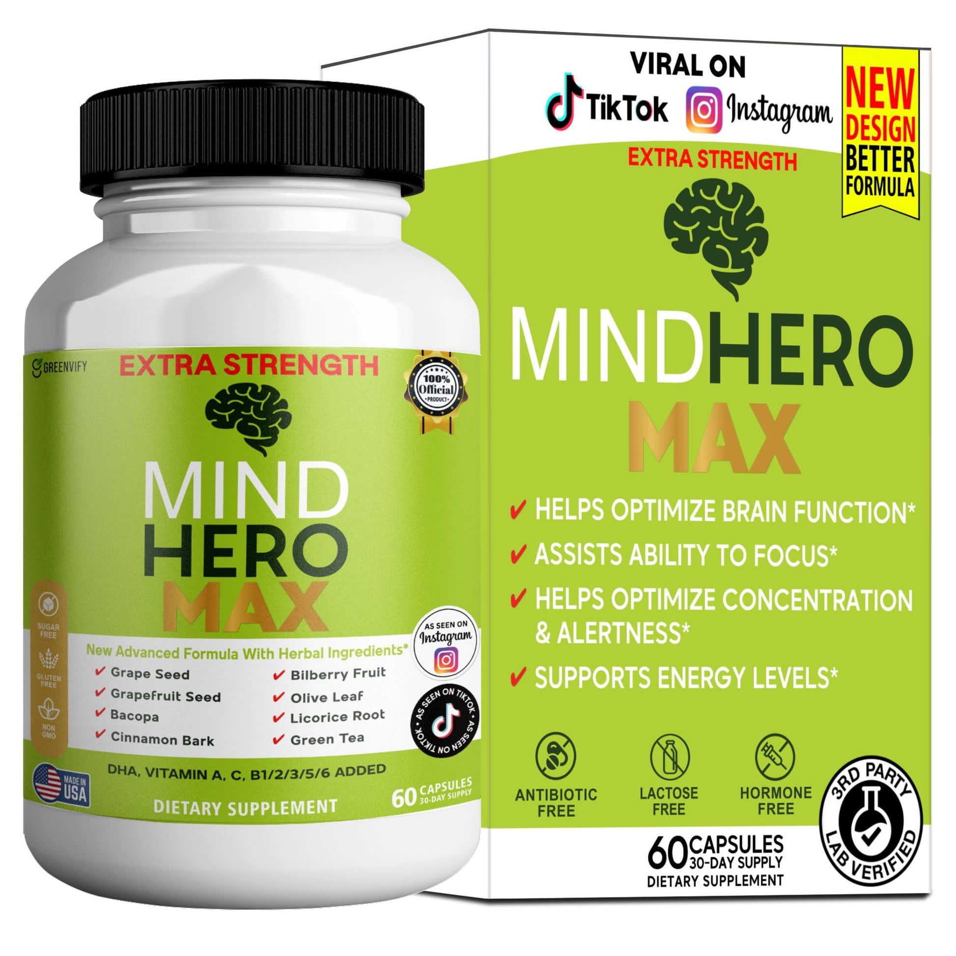 GREENVIFY Mind Hero Max Extra Strength Nootropic Supplement with Herbal Ingredients 60 Capsules