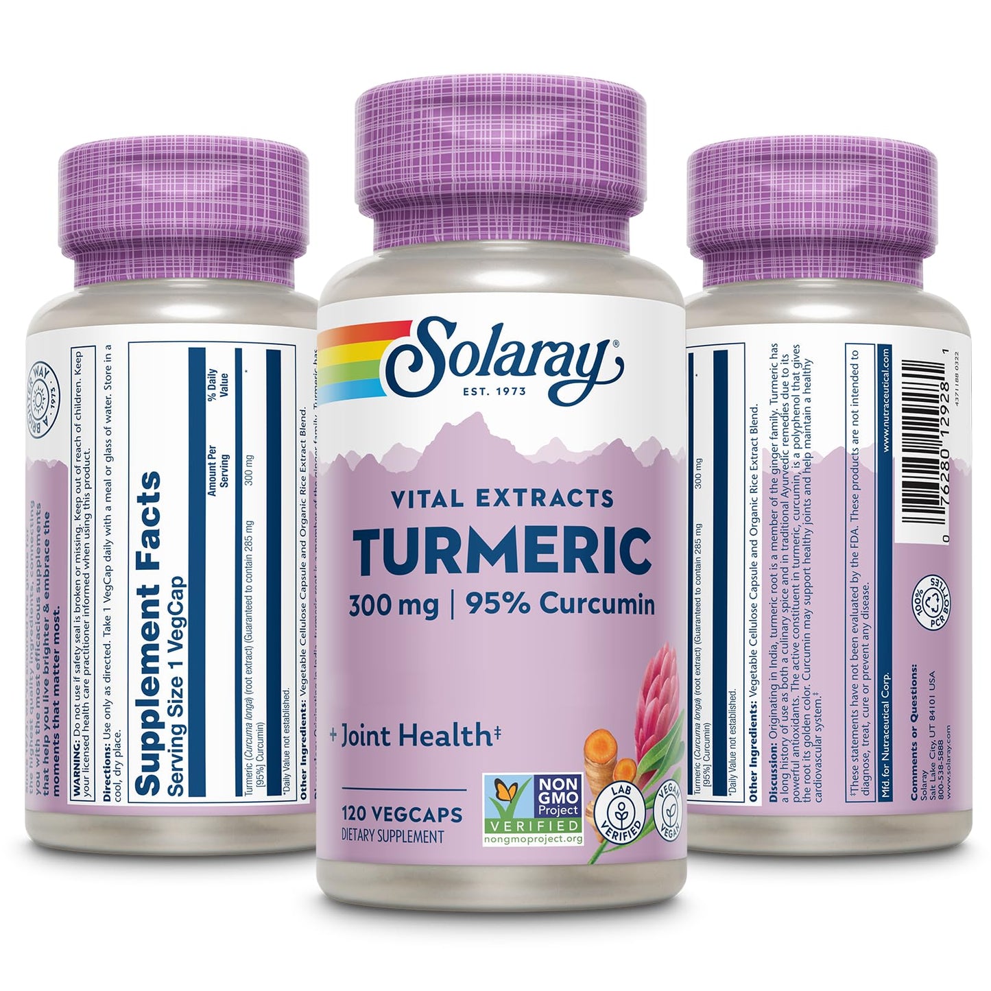 Solaray Turmeric Supplement Capsule 300 mg Turmeric Root Extract with 95% Curcumin, 120 Capsules