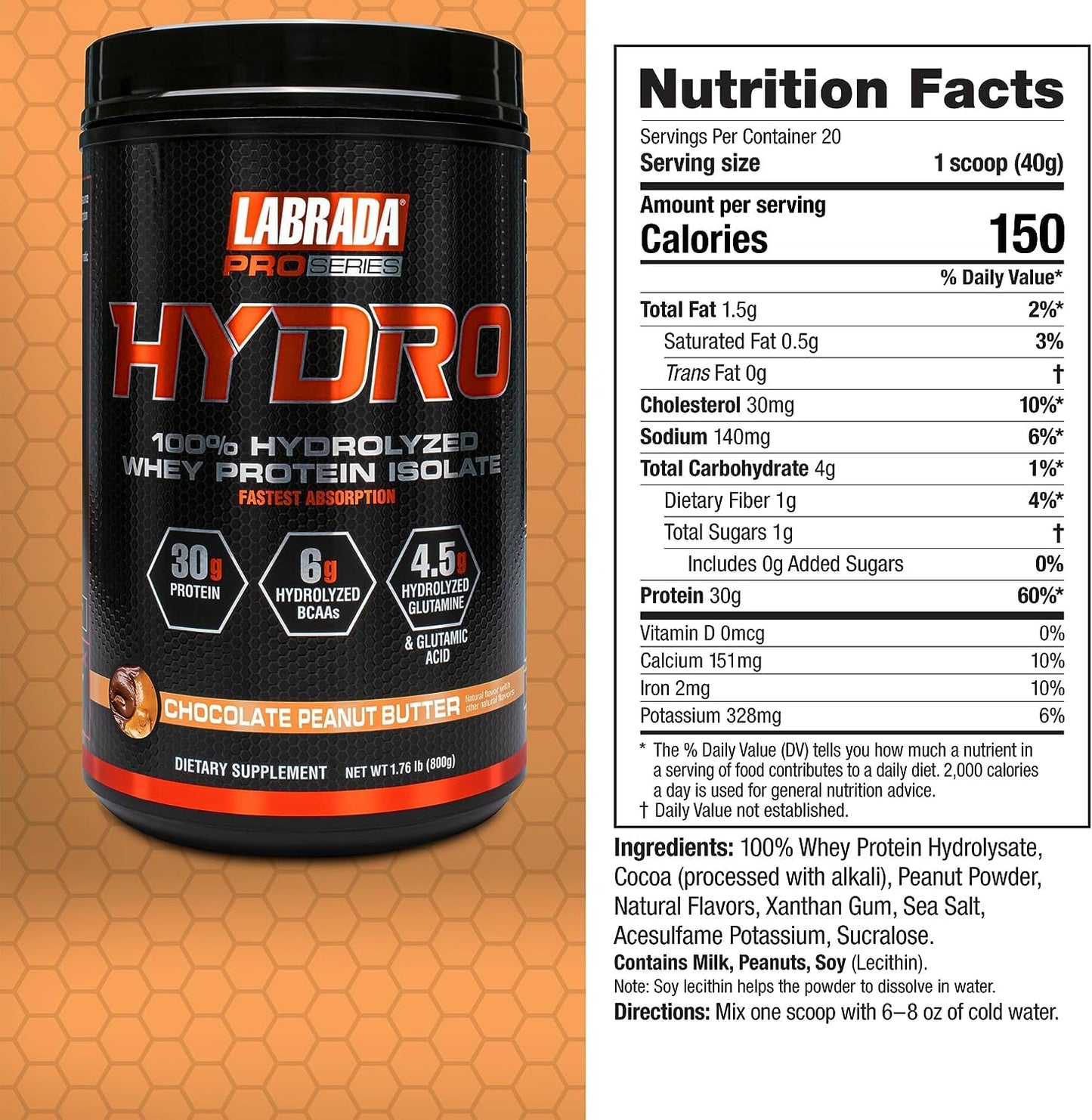 Labrada Hydro 100% Pure Hydrolyzed Whey Protein Isolate Powder, 20 Servings