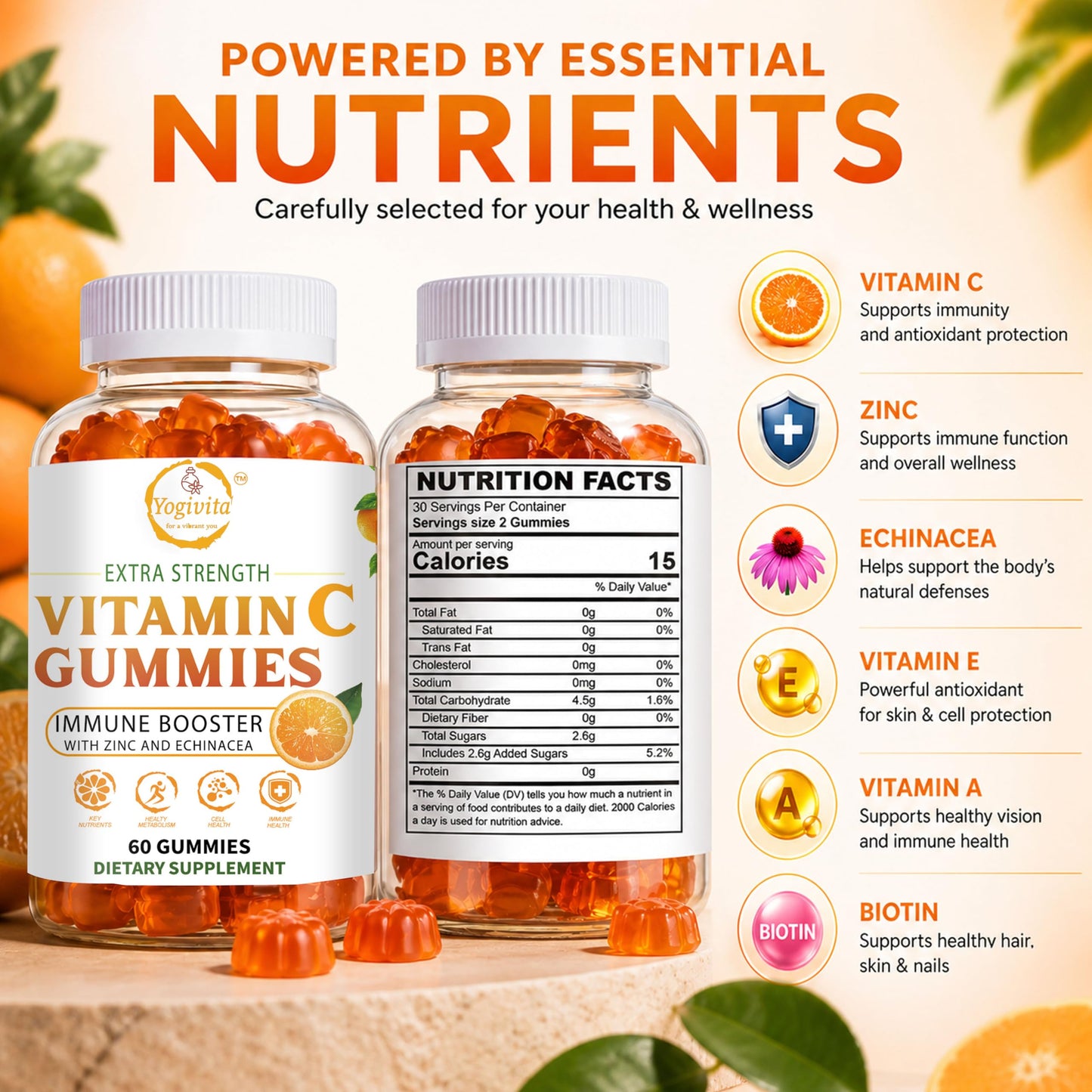 Yogivita Vitamin C Gummies with Zinc & Echinacea – Immune Support – 60 Gummies