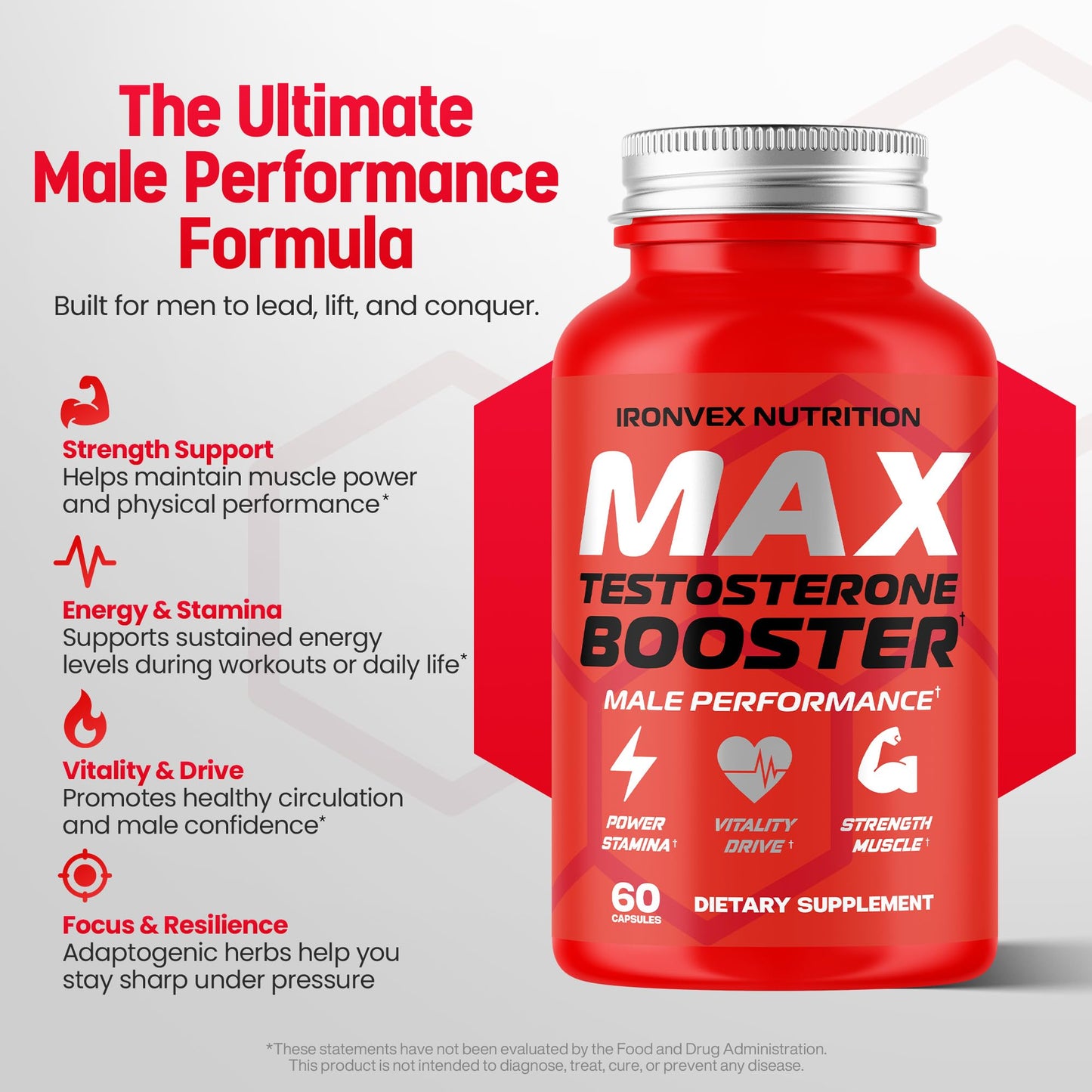 IronVex Nutrition Testosterone Booster for Men - Male Enhancing Tongkat Ali & Ashwagandha, 60 Capsules