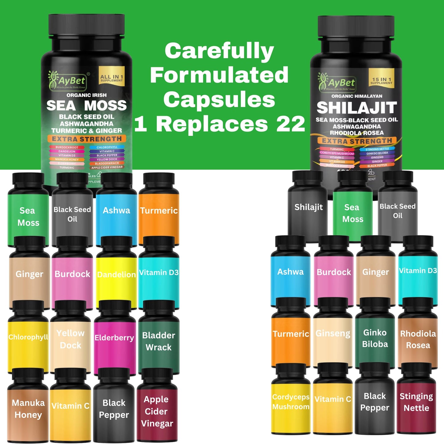 AyBet Sea Moss & Himalayan Shilajit Supplement Combo – Herbal Formula with Black Seed Oil, Ashwagandha, Rhodiola, Turmeric, Ginger – Mineral, Antioxidant Support – Organic, Halal, Vegan Capsules, 240 Count