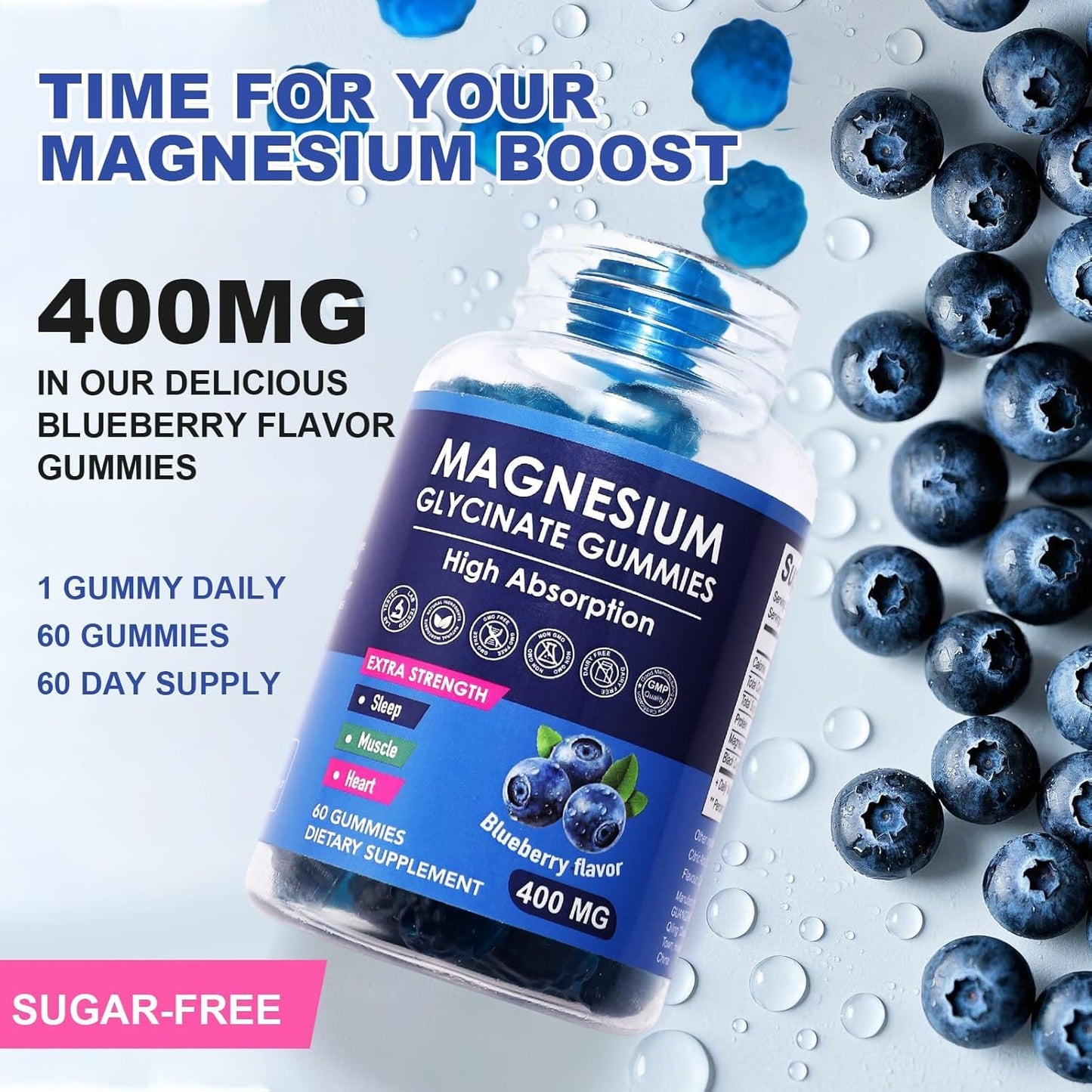 HISOKOI Magnesium Glycinate Gummies 400mg Blueberry Flavor, 60 Gummies