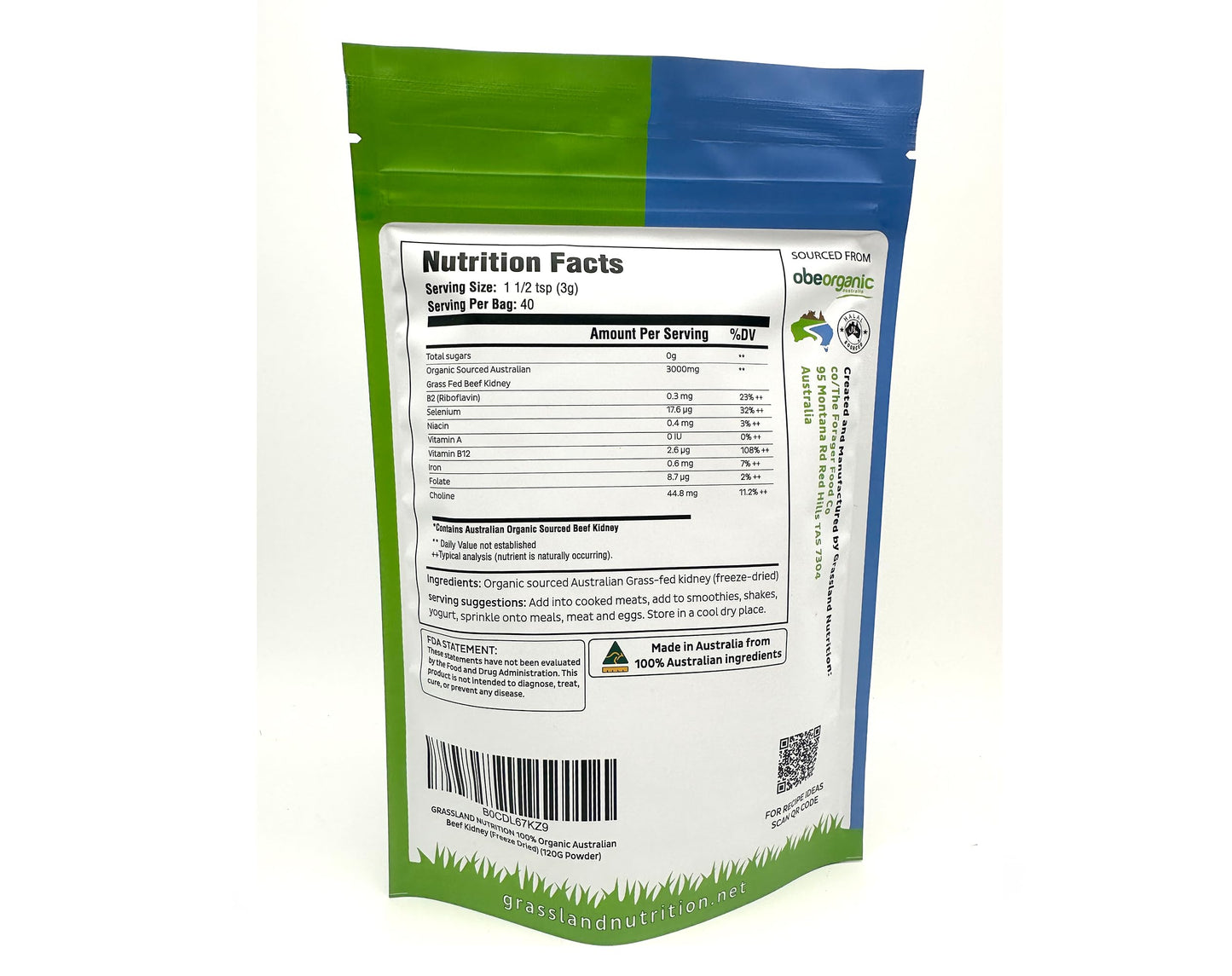 GRASSLAND NUTRITION 100% Organic Australian Beef Kidney (Freeze Dried) DAO High in B12 and Selenium, Powder, 4 oz