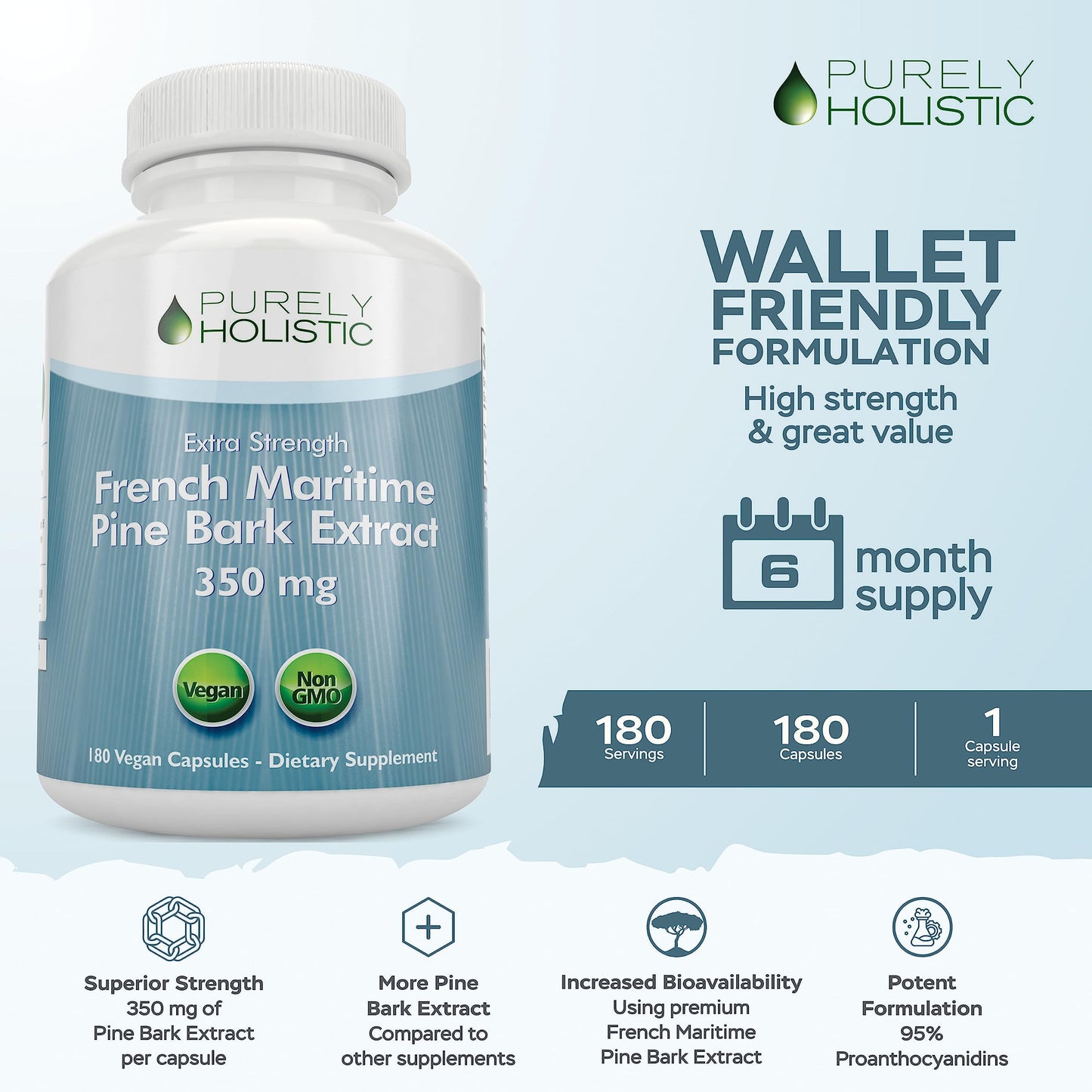 Purely Holistic French Maritime Pine Bark Extract Capsules, 180 Count