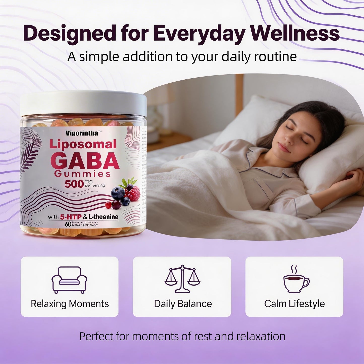 Vigorintha GABA Gummies with L-Theanine & 5-HTP, Melatonin-Free, 120 Gummies