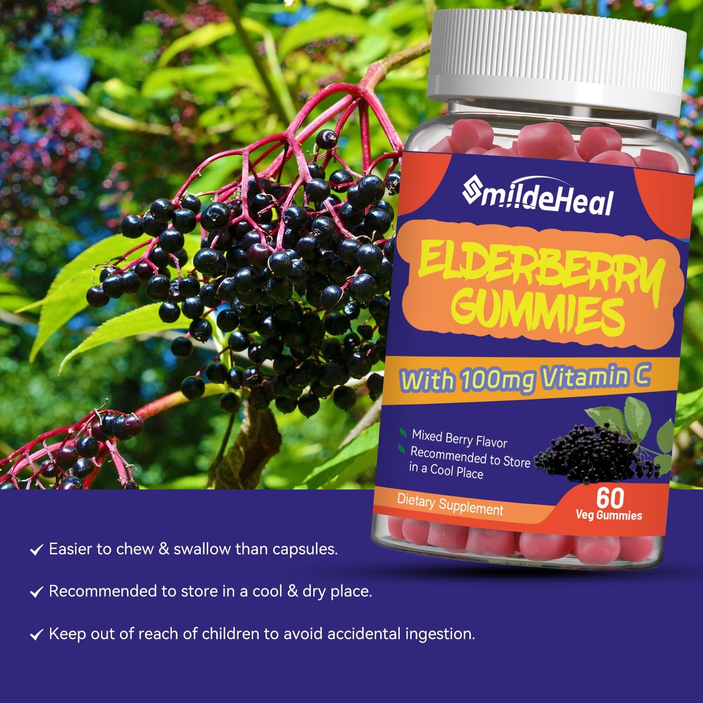 SmildeHeal Elderberry Gummies with Vitamin C and Zinc, 60 Gummies