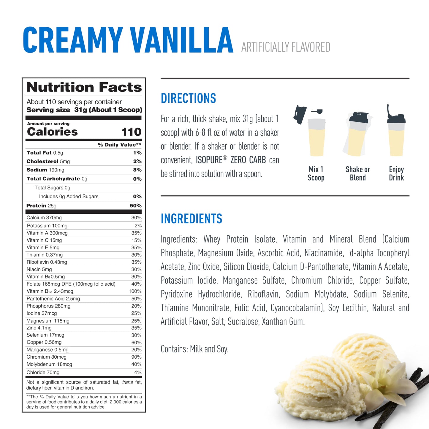 Isopure Zero Carb 100% Pure Whey Isolate Protein Powder Creamy Vanilla, 7.5 Lbs, 120 Servings