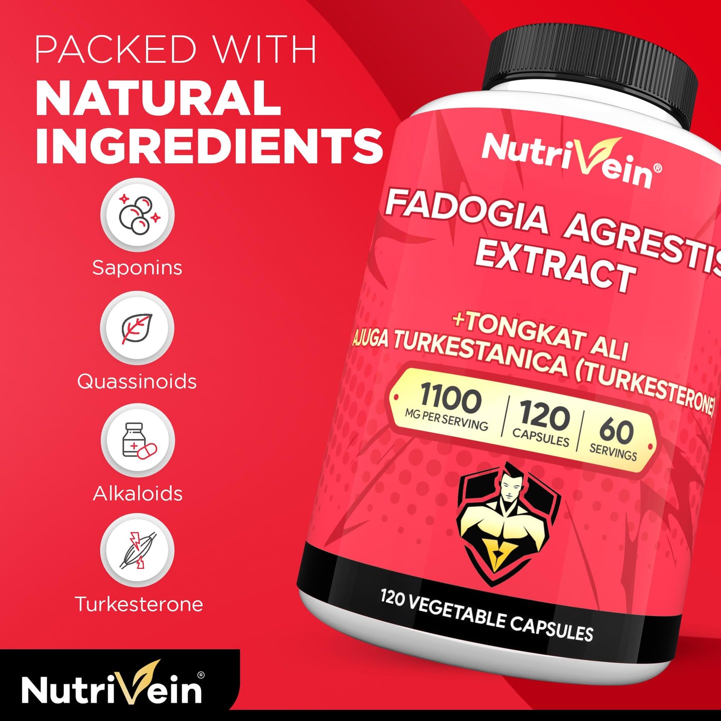 Nutrivein Fadogia Agrestis and Tongkat Ali Supplement with Turkesterone Capsule, 120 Count