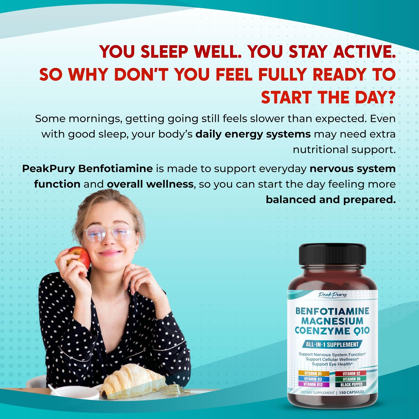 PEAKPURY Benfotiamine with Magnesium & Coenzyme Q10 Capsules, 150 Count