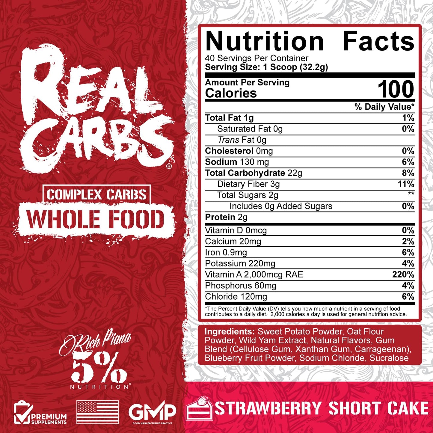 5% Nutrition Rich Piana Real Carbs with Real Food Complex Carb Powder, 40 Servings