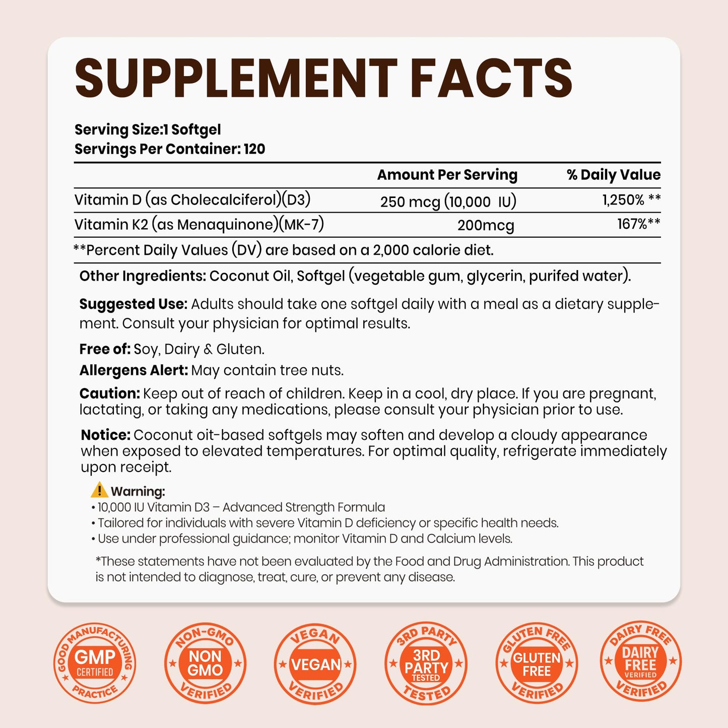 VEV Corefeel Vitamin D3 K2 10,000 IU, 200 mcg K2 Coconut Oil Softgels, 120 Count