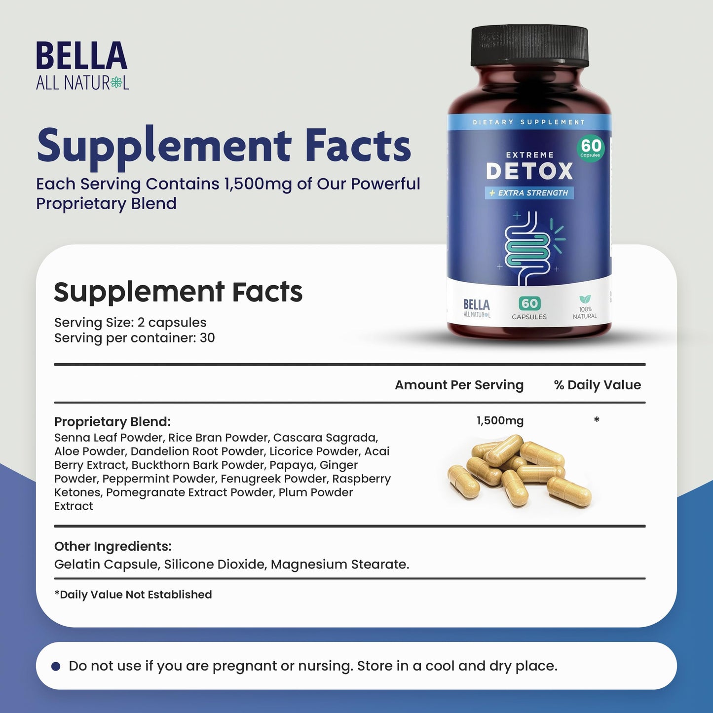 Bella All Natural Extreme Detox - Colon Cleanse, 60 Capsules
