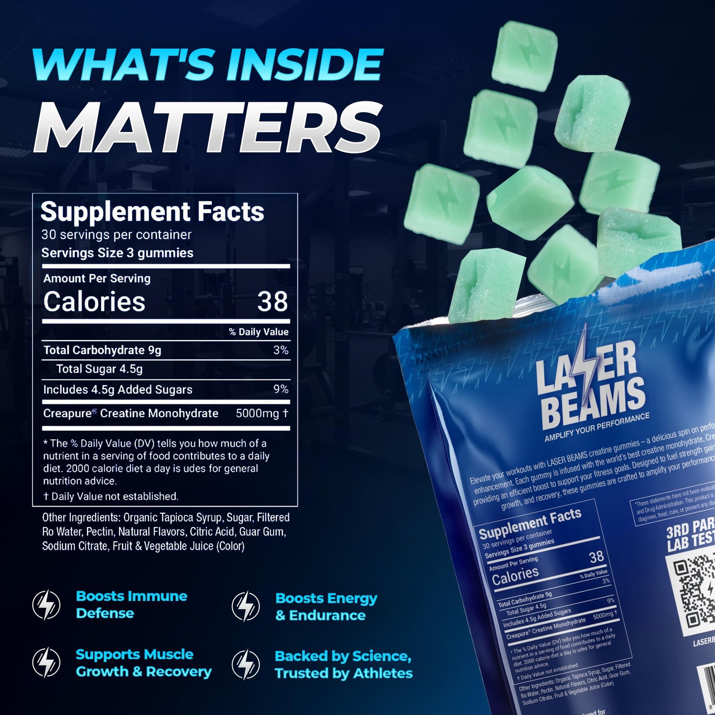 Laser Beams Creatine Monohydrate Gummies 5000mg Creapure Blueberry Flavor, 90 Count