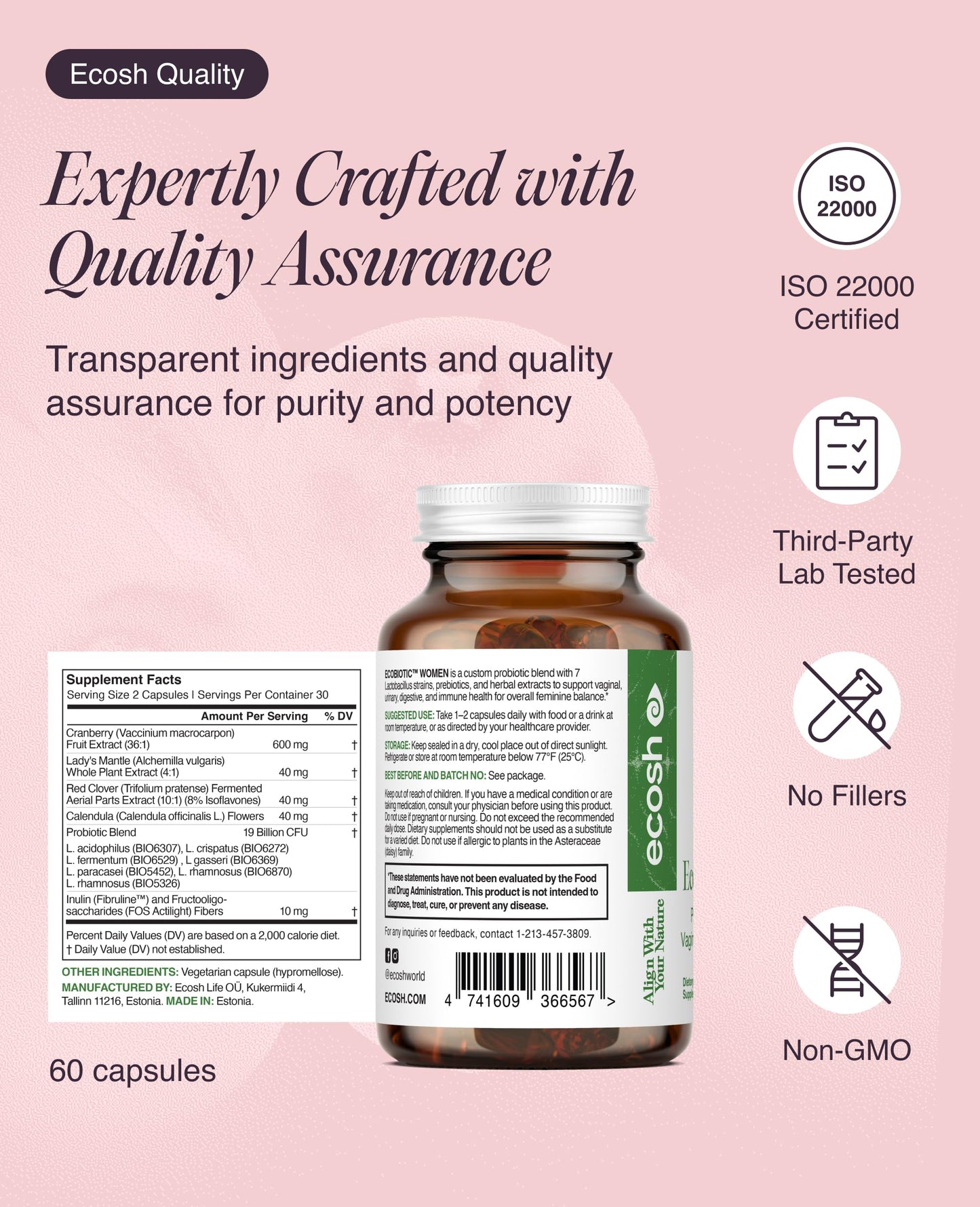 Ecosh Women's Probiotic for pH Balance, Urinary Tract & Gut Health, 60 Capsules
