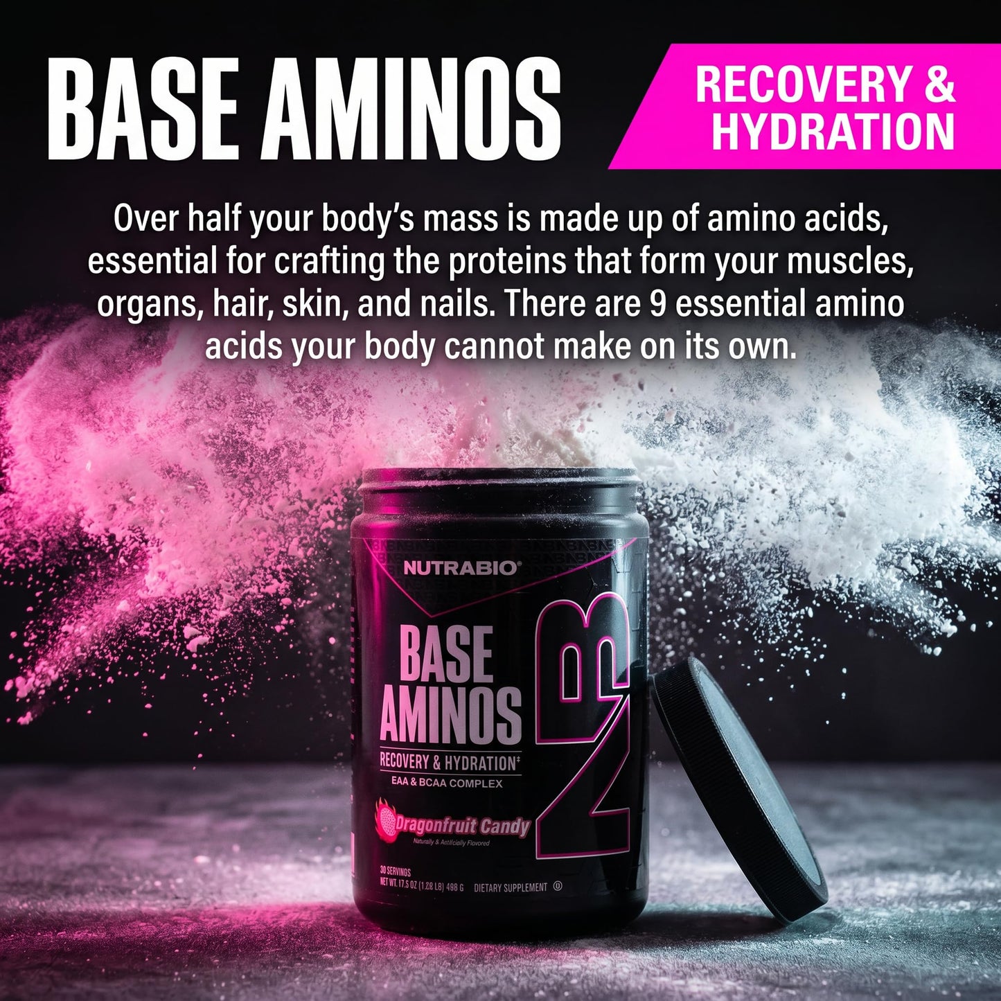 NutraBio Base Aminos EAA + BCAA Powder Dragon Fruit Candy 16 oz
