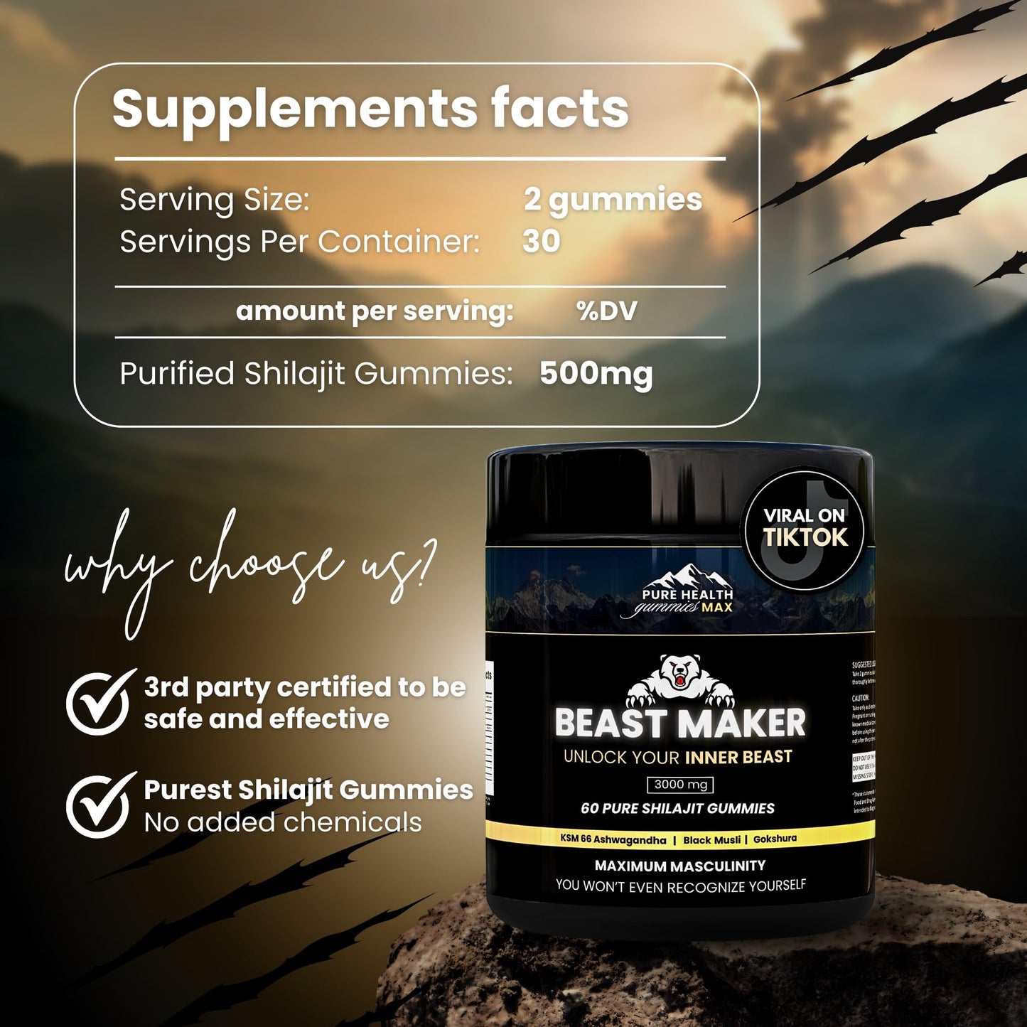 PURE HEALTH MAX Beast Maker Pure Shilajit for Men 60 Gummies