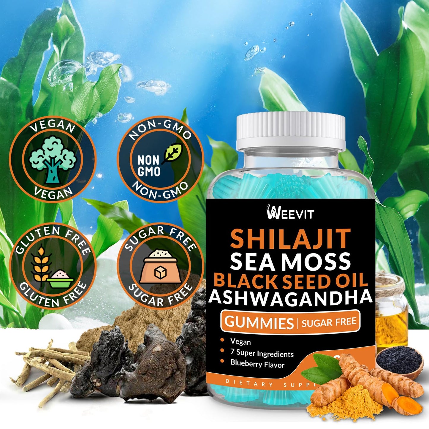 WEEVIT Shilajit Sea Moss Ashwagandha Gummies with Turmeric, Black Seed Oil, Vitamin C & D, Immune & Energy Support, 120 Gummies
