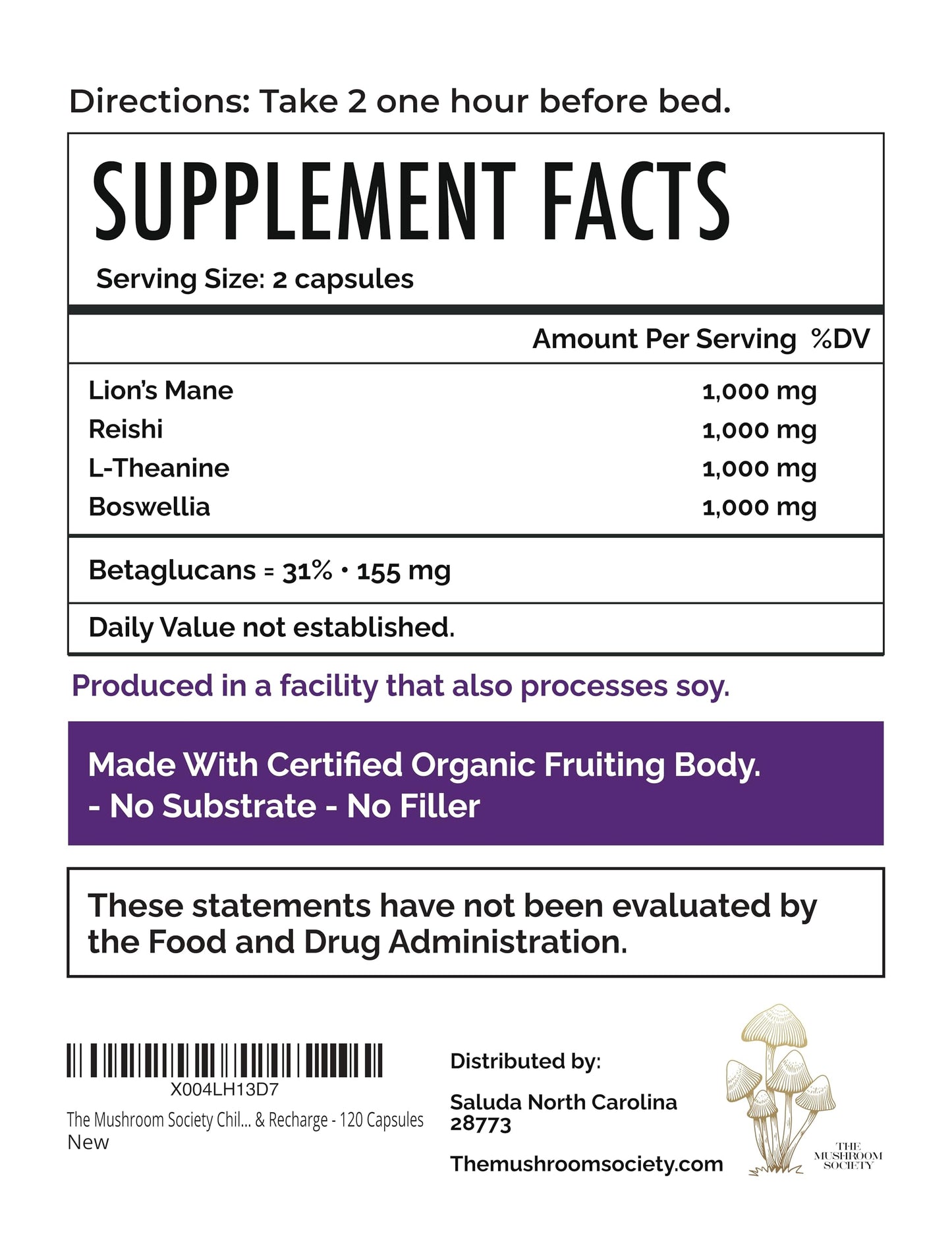 The Mushroom Society Chill Pill Lion’s Mane, Reishi, L-Theanine & Boswellia Extract Blend 120 Capsules