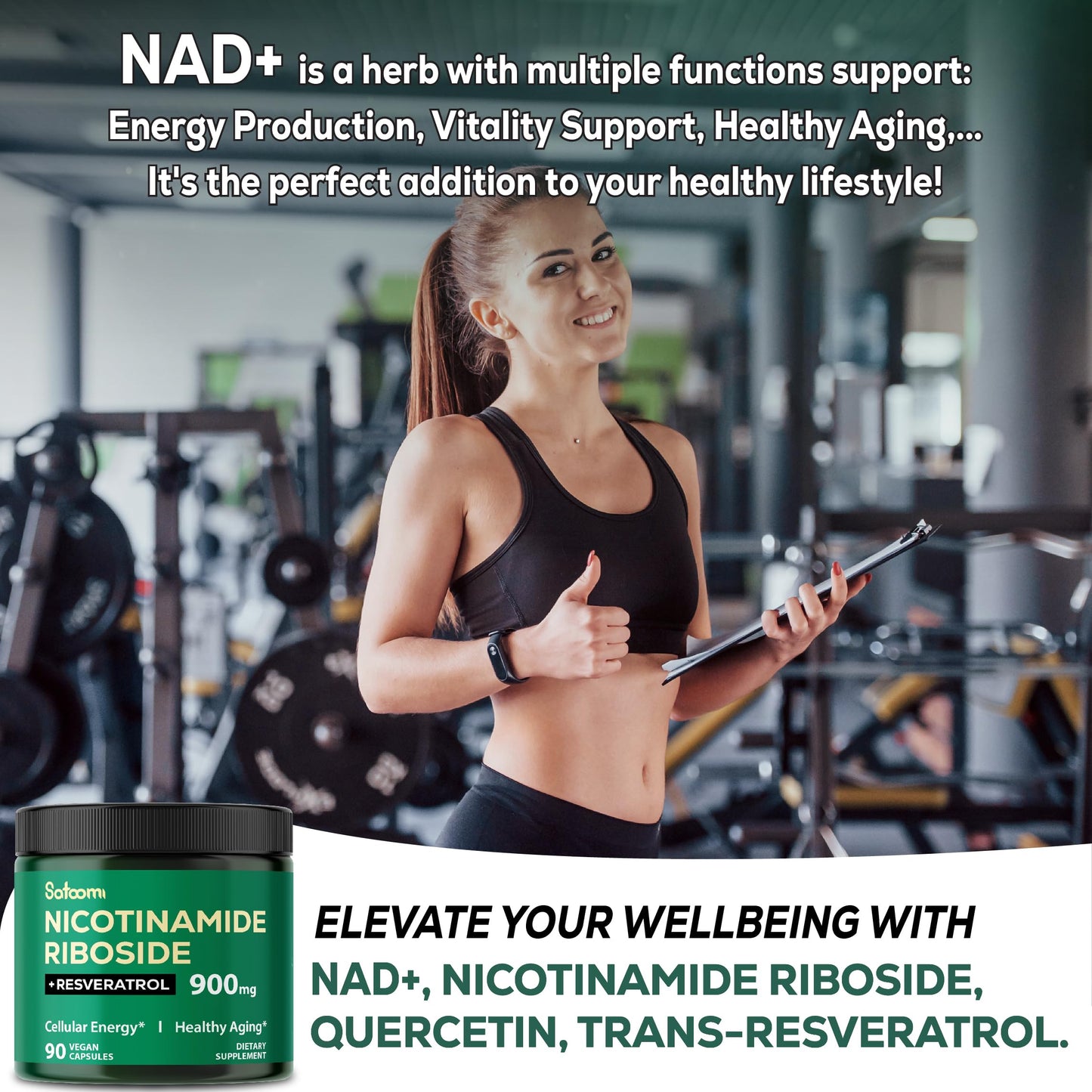 Satoomi NAD Supplement with Liposomal Nicotinamide Riboside 900 mg NR, Resveratrol, Quercetin Capsules, 90 Count