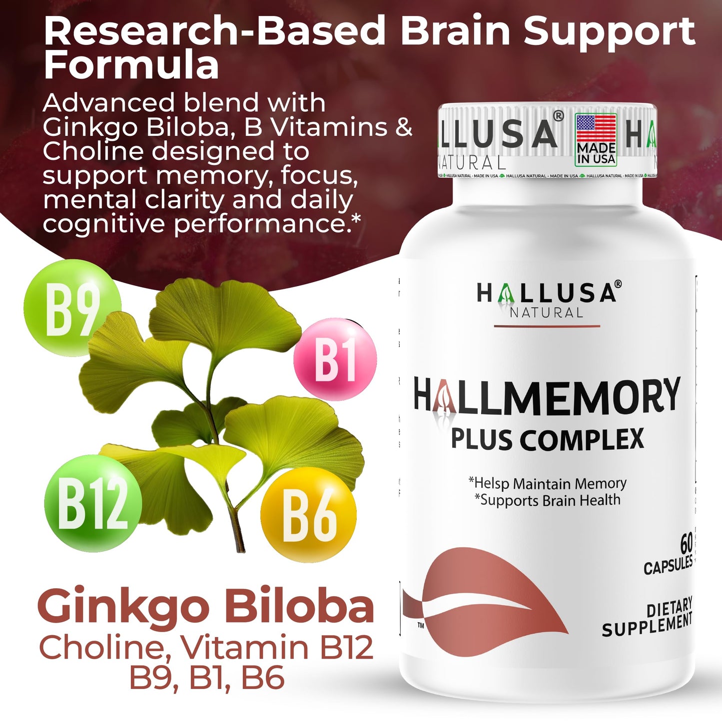 Hallusa Natural Brain Health Supplement Capsules 60 Count