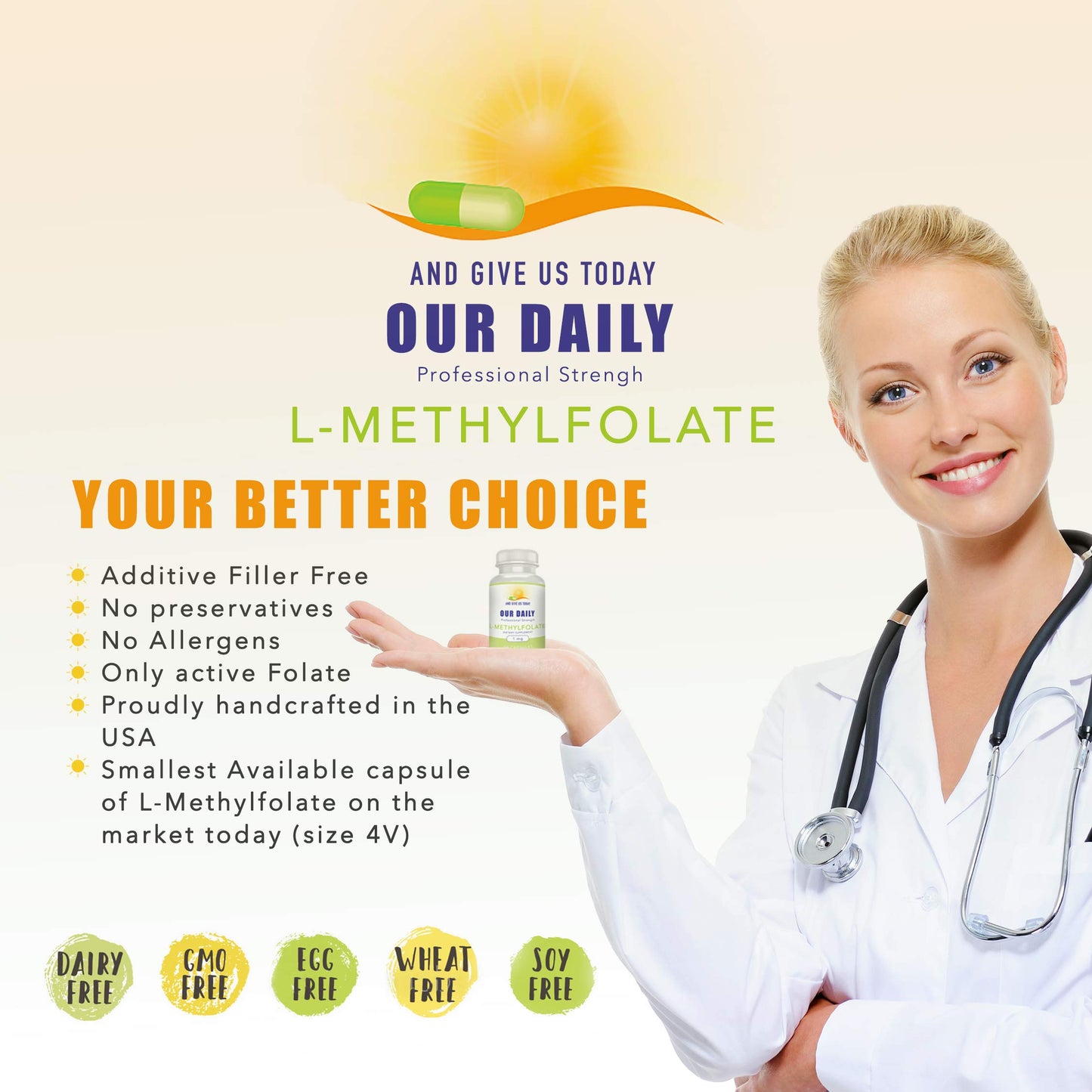 AND GIVE US TODAY OUR DAILY Our Daily Vites L-Methylfolate 1mg / 1000 mcg Maximum Strength Active Folate, 5-MTHF, Filler Free, Gluten Free, Non-GMO, Vegetarian Capsules, 90 Count
