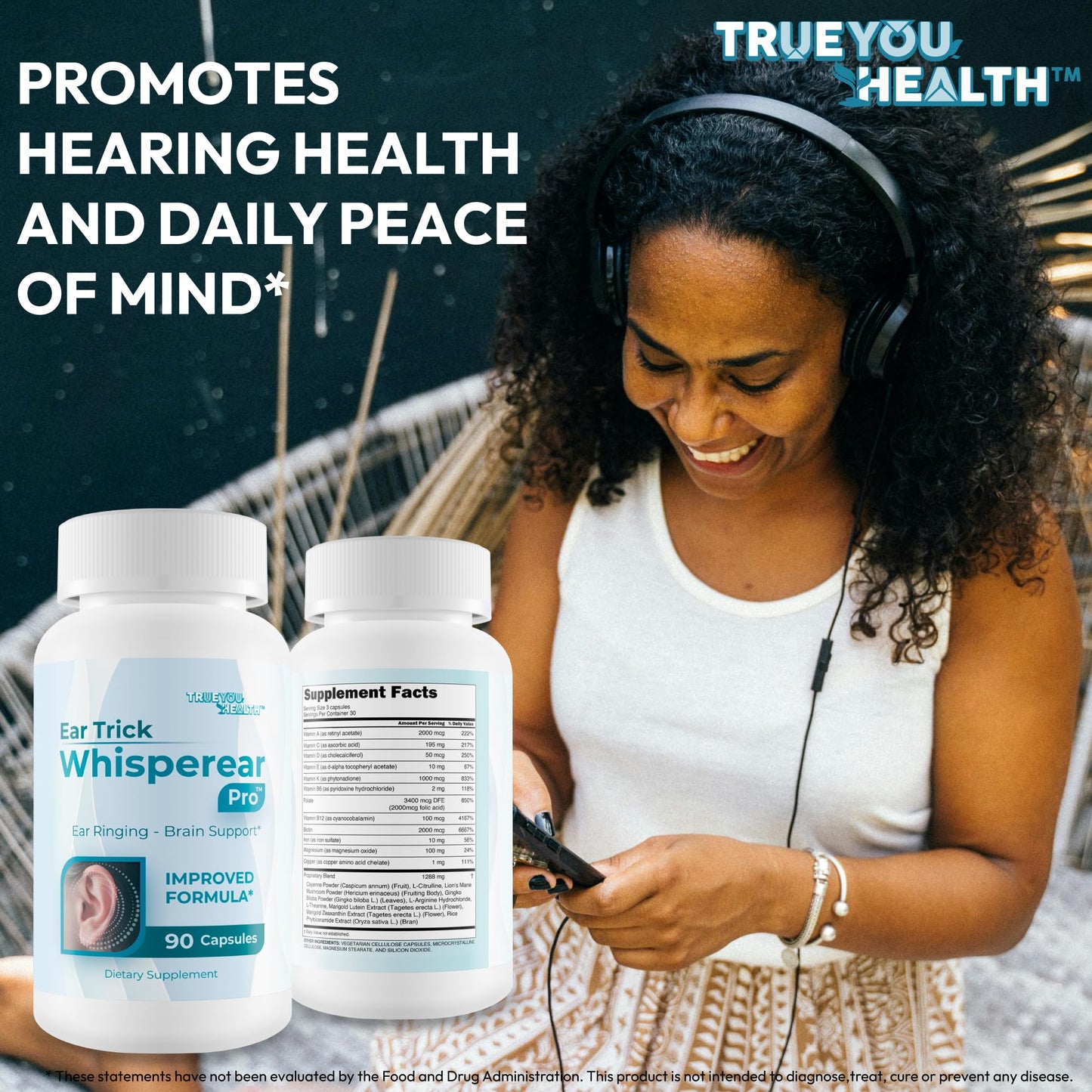 True You Health Ear Trick Whisperear Pro Clear Tinnitus Relief Hearing Supplement Capsules, 90 Count