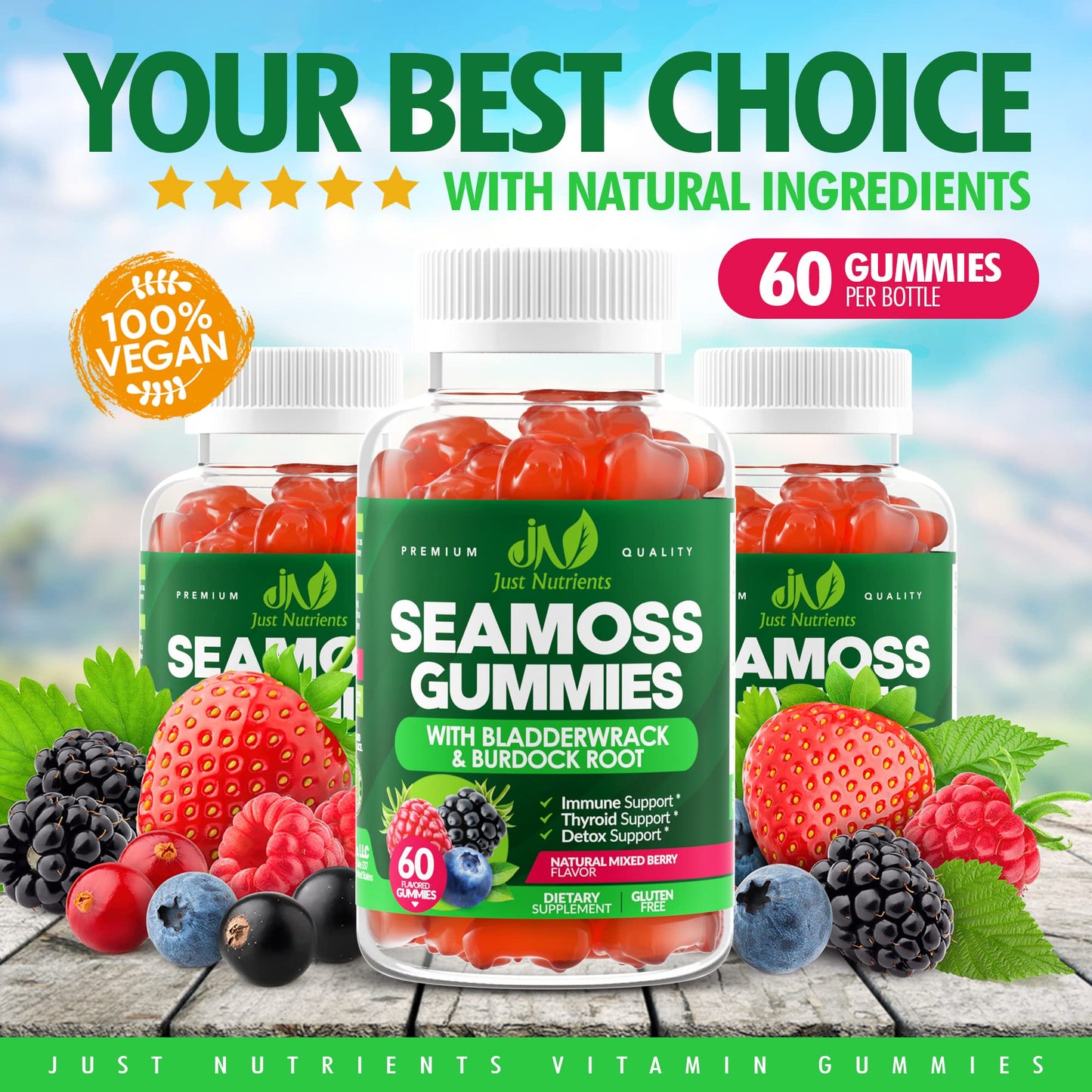 Just Nutrients Sea Moss 3000mg with Bladderwrack and Burdock Root 120 Gummies