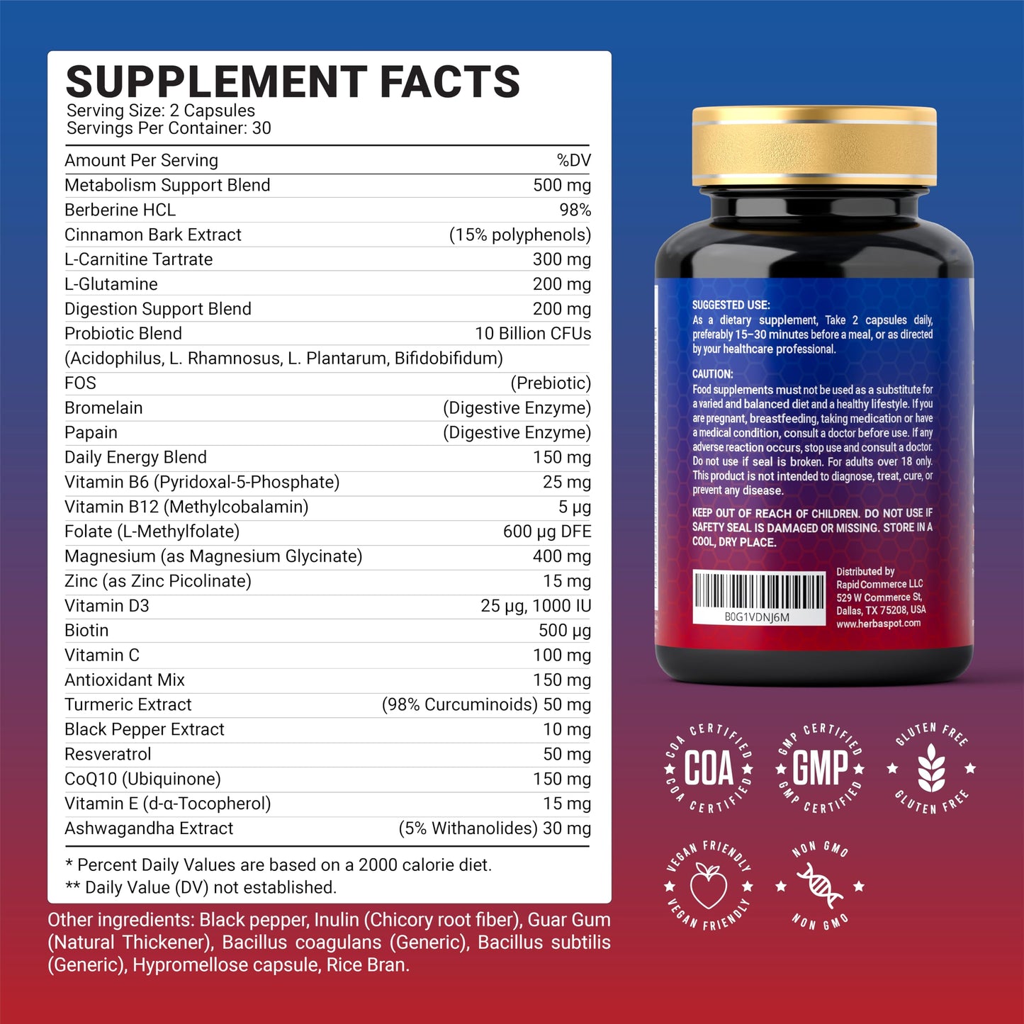 HerbaSpot GLP-1 Supplement 1000 mg with Berberine Capsule, 60 Count