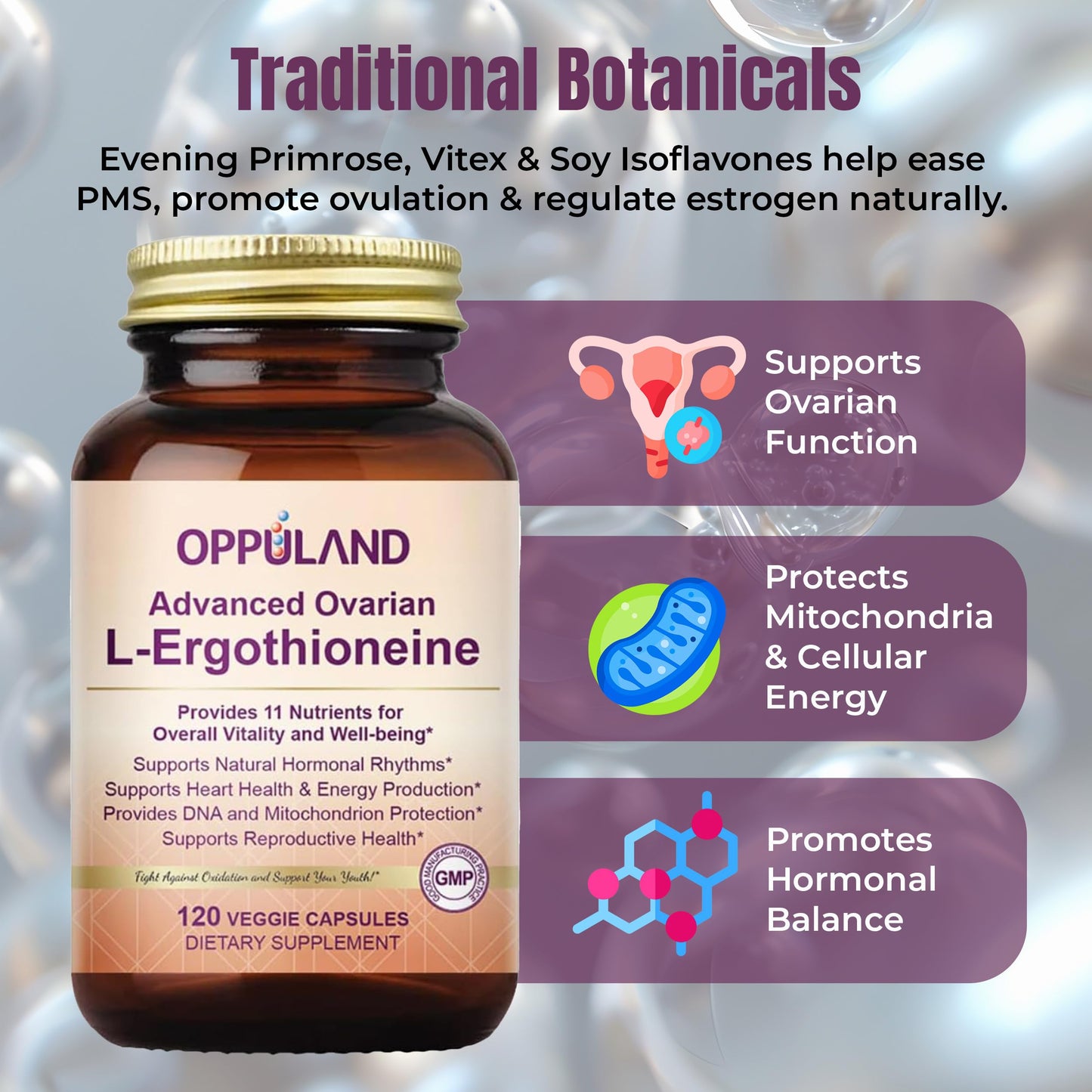 oppuland L-Ergothioneine Supplement for Women – Advanced Ovarian Support with Inositol, CoQ10, Vitex, and Multivitamins – Supports Fertility, Ovulation, Hormone Balance, 120 Capsules