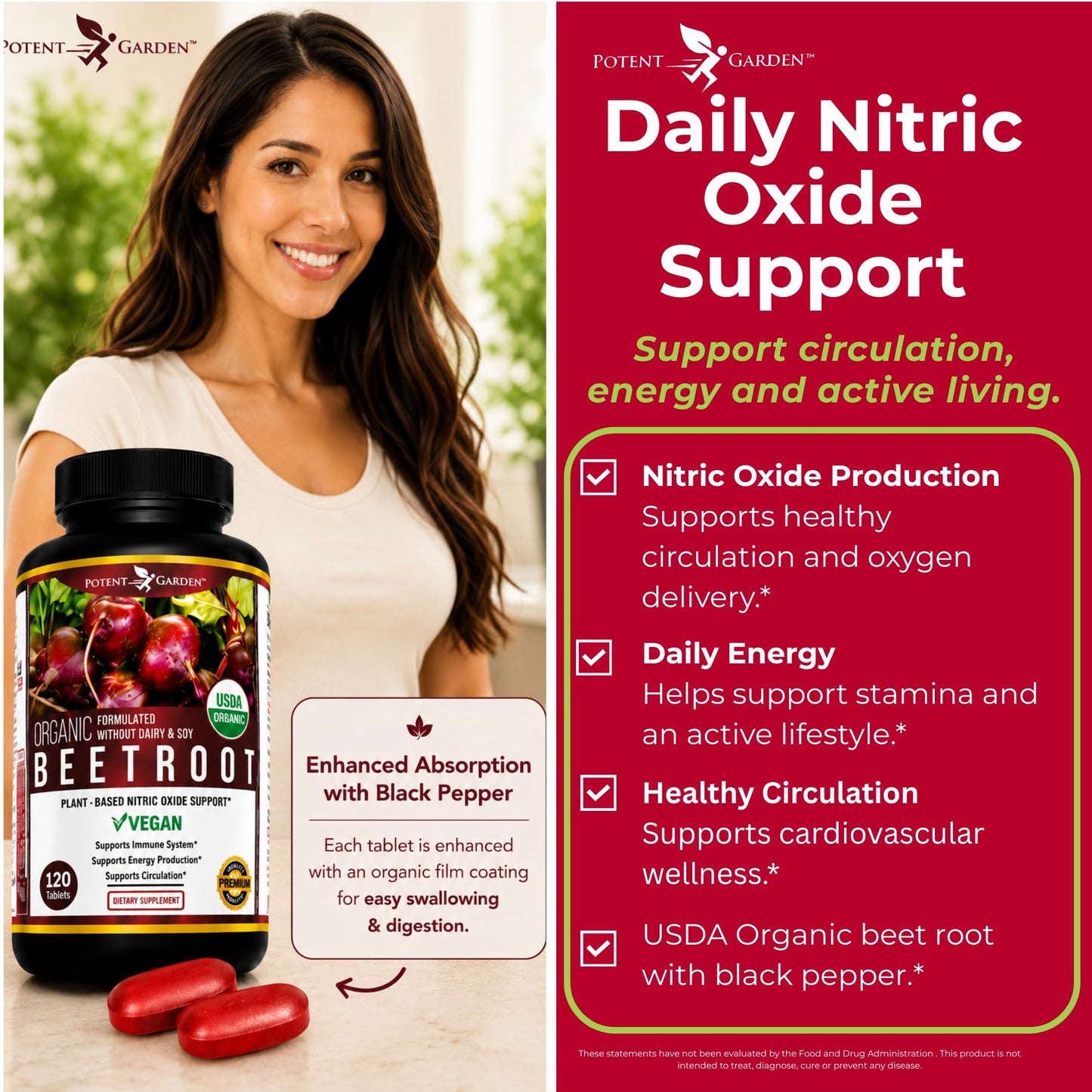 Potent Garden Organic Beet Root Tablets 1350 mg with Black Pepper, 120 Tablets