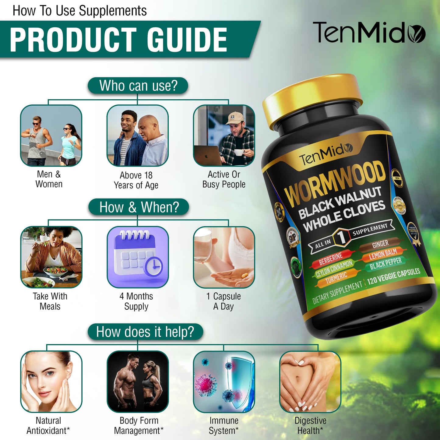 Tenmido Wormwood Black Walnut Clove Capsules 9-in-1 Wormwood Extract Formula, 120 Capsules