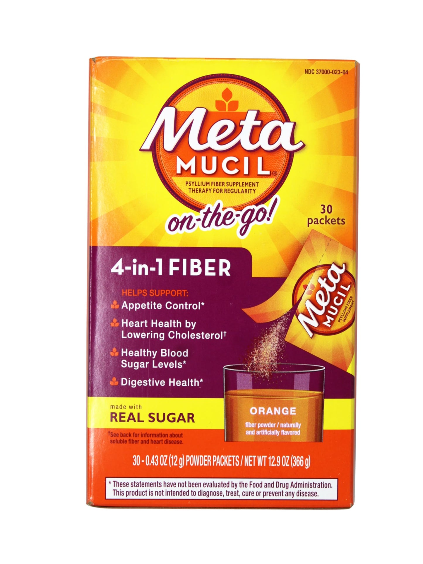 Metamucil On-the-Go Psyllium Husk Powder, Orange Flavor, 30 Count