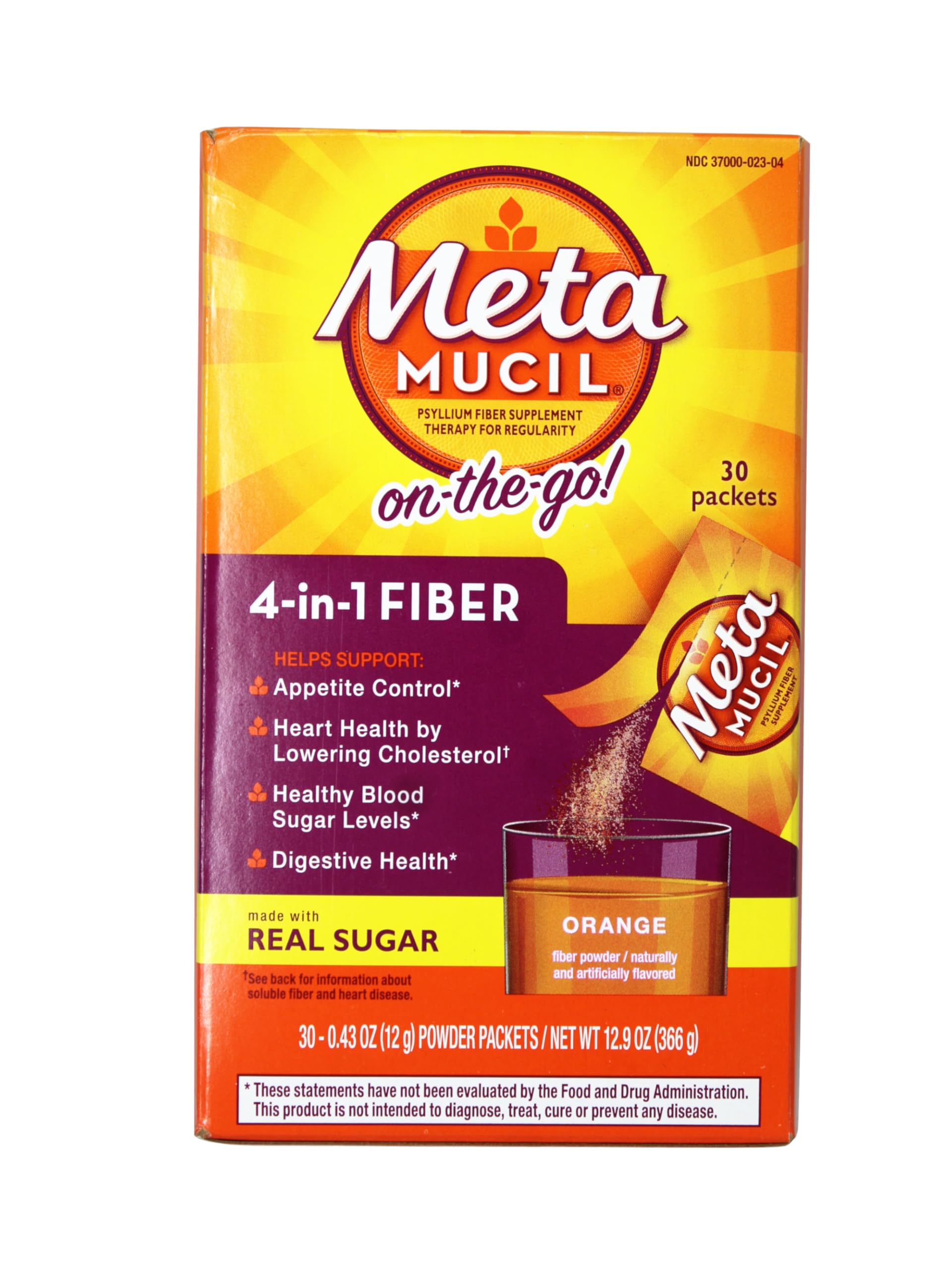 Metamucil On-the-Go Psyllium Husk Powder, Orange Flavor, 30 Count