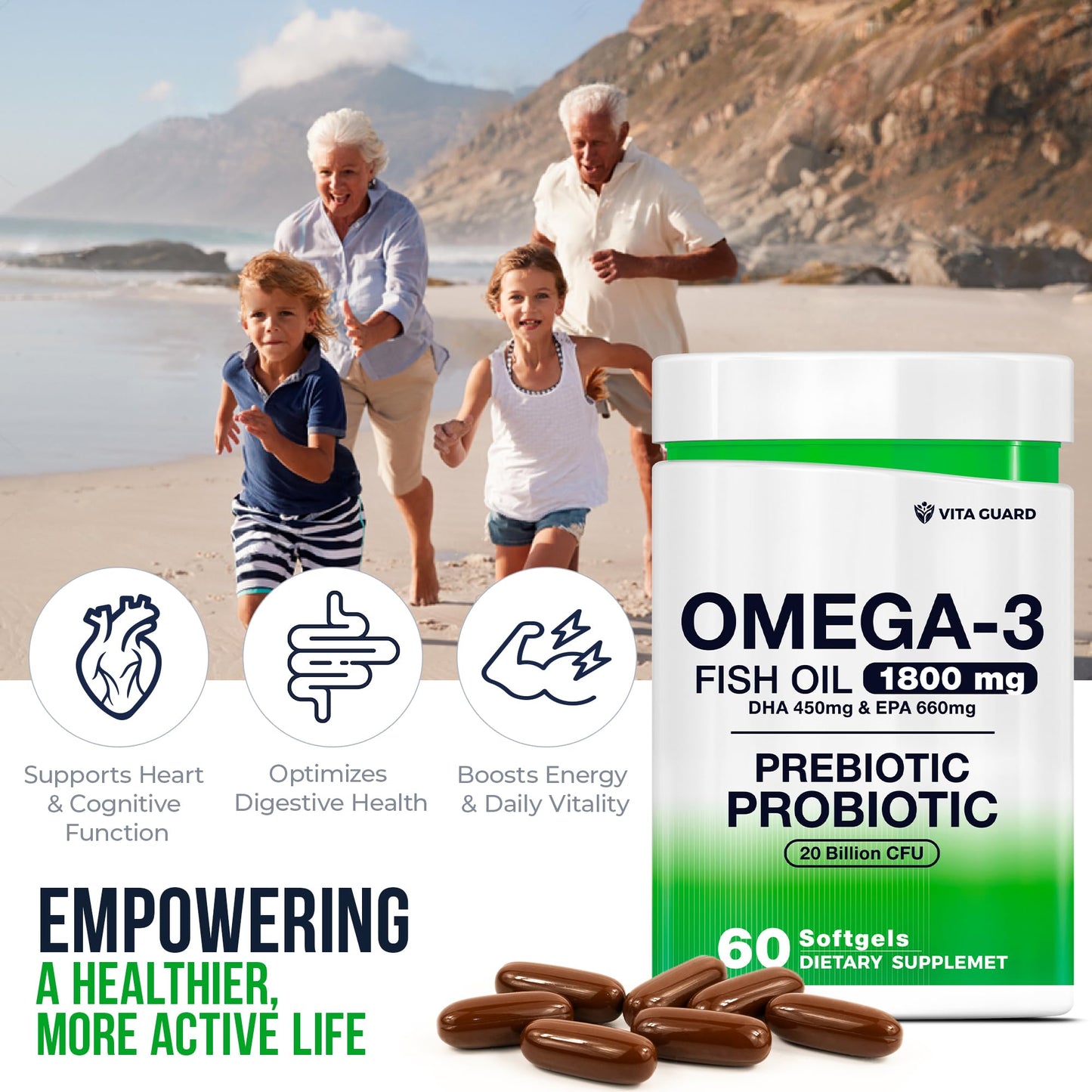 Vita Guard Omega-3 Fish Oil with Prebiotics & Probiotics Softgel 60 Count