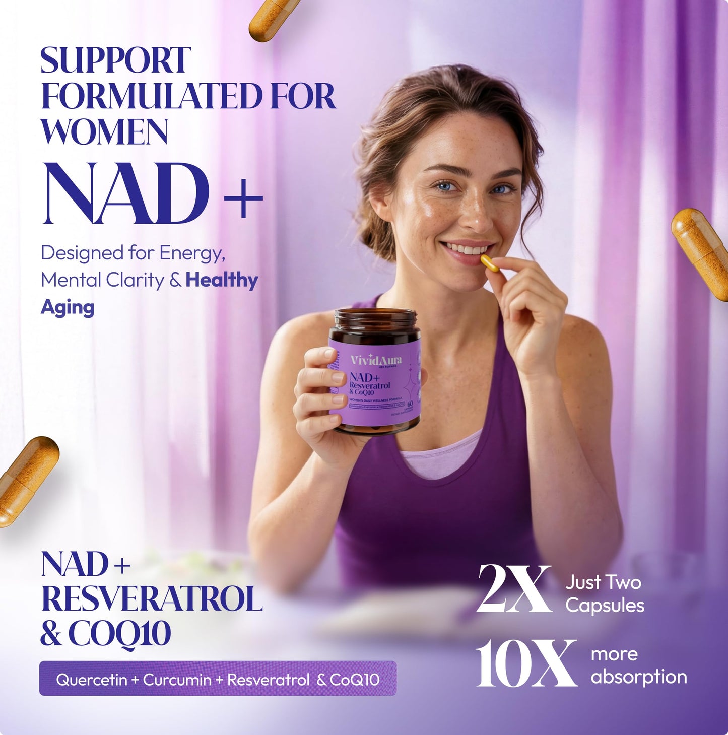 VIVIDAURA LIFE SCIENCE NAD Supplements for Women Radiance Formula with Resveratrol, CoQ10, Turmeric & BioPerine Cellular Renewal NMN Alternative Capsules, 60 Count