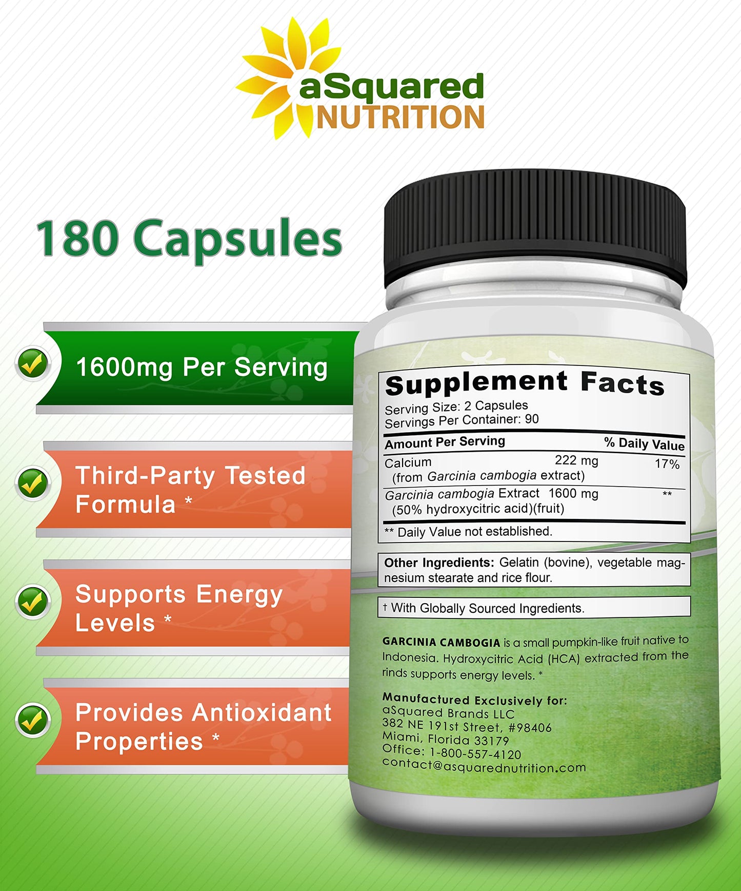 aSquared Nutrition Garcinia Cambogia 1600mg/Serving 180 Capsules