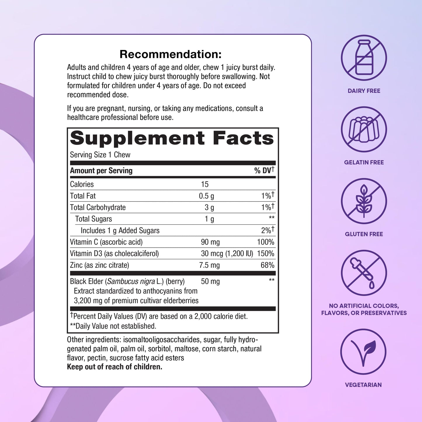 Nature's Way Sambucus Ultra Immune Juicy Burst Extra-Strength Formula Immune Support, Vitamin D3, Vitamin C and Zinc, Elderberry Extract Gummies 30