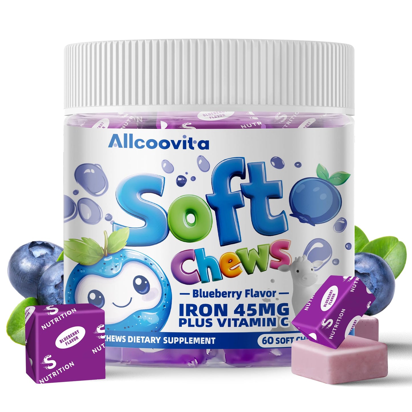 Allcoovita Iron Soft Chews Supplement with Vitamin C 60 Count