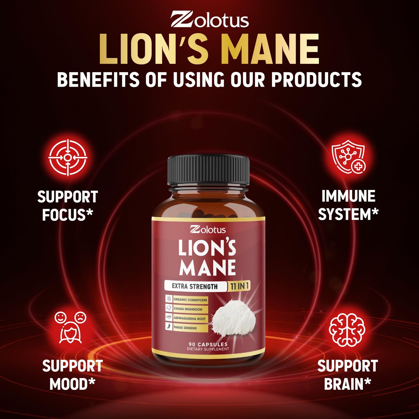 Zolotus 11 in 1 Lions Mane Mushroom Capsules, 90 Capsules