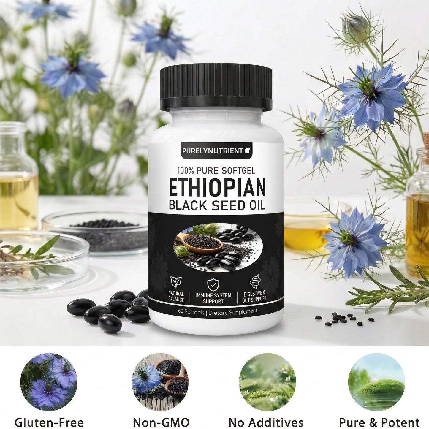 PURELYNUTRIENT Ethiopian Black Seed Oil Softgels with Thymoquinone 60 Count
