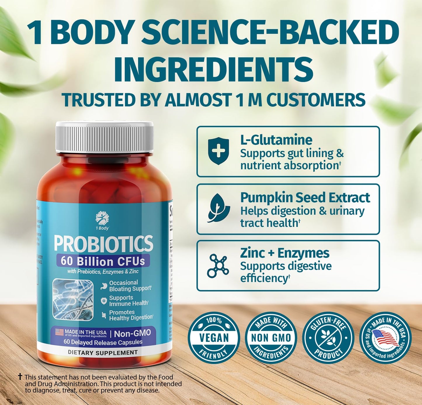 1 Body Probiotic 60 Billion with Prebiotics & Enzymes, 60 Capsules